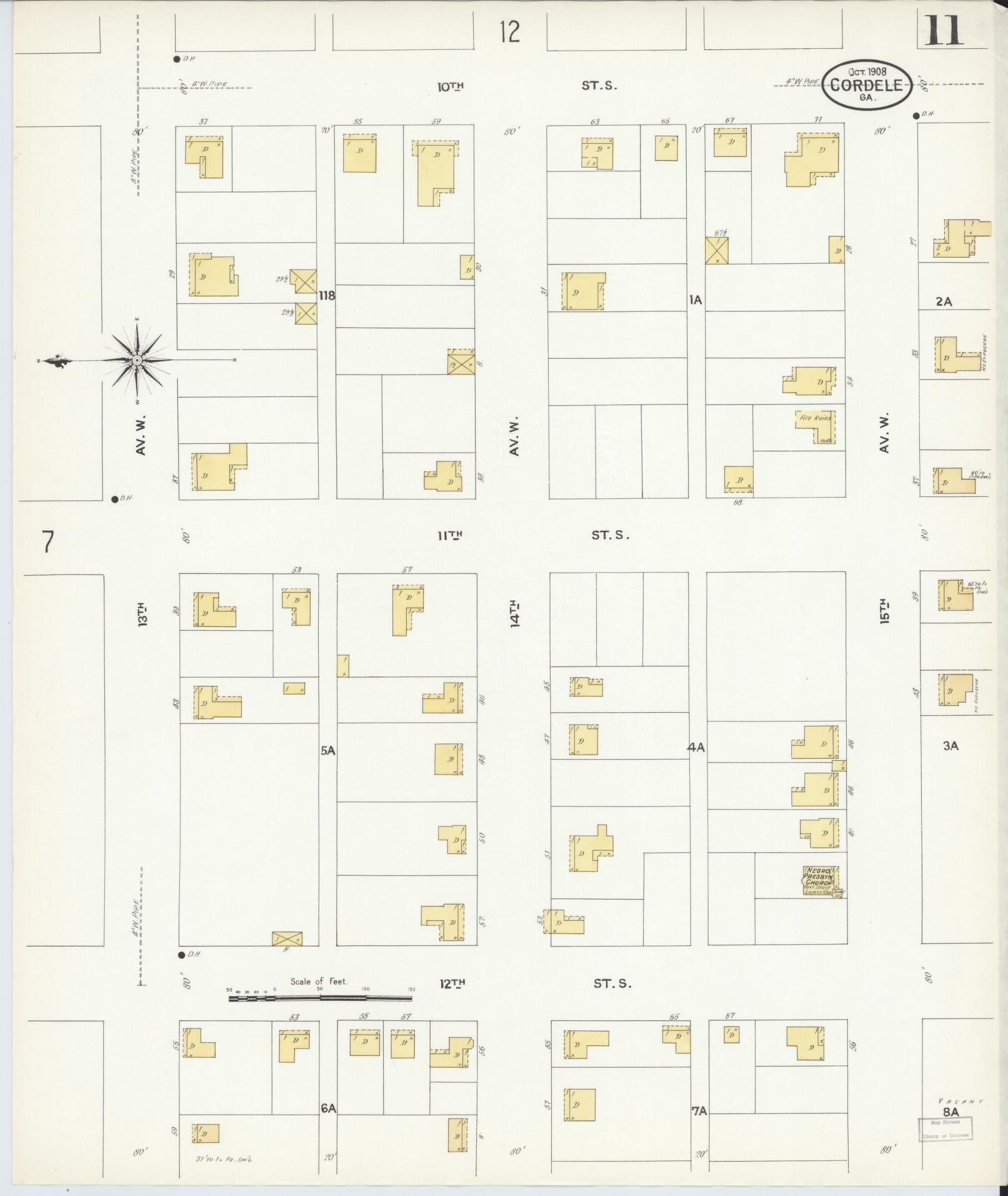 Sanborn Fire Insurance Map from Cordele, Crisp County, Georgia (1908), Sheet #0011 - Complete Map Set gallery image, historic Sanborn map, vintage wall art, Georgia Georgia