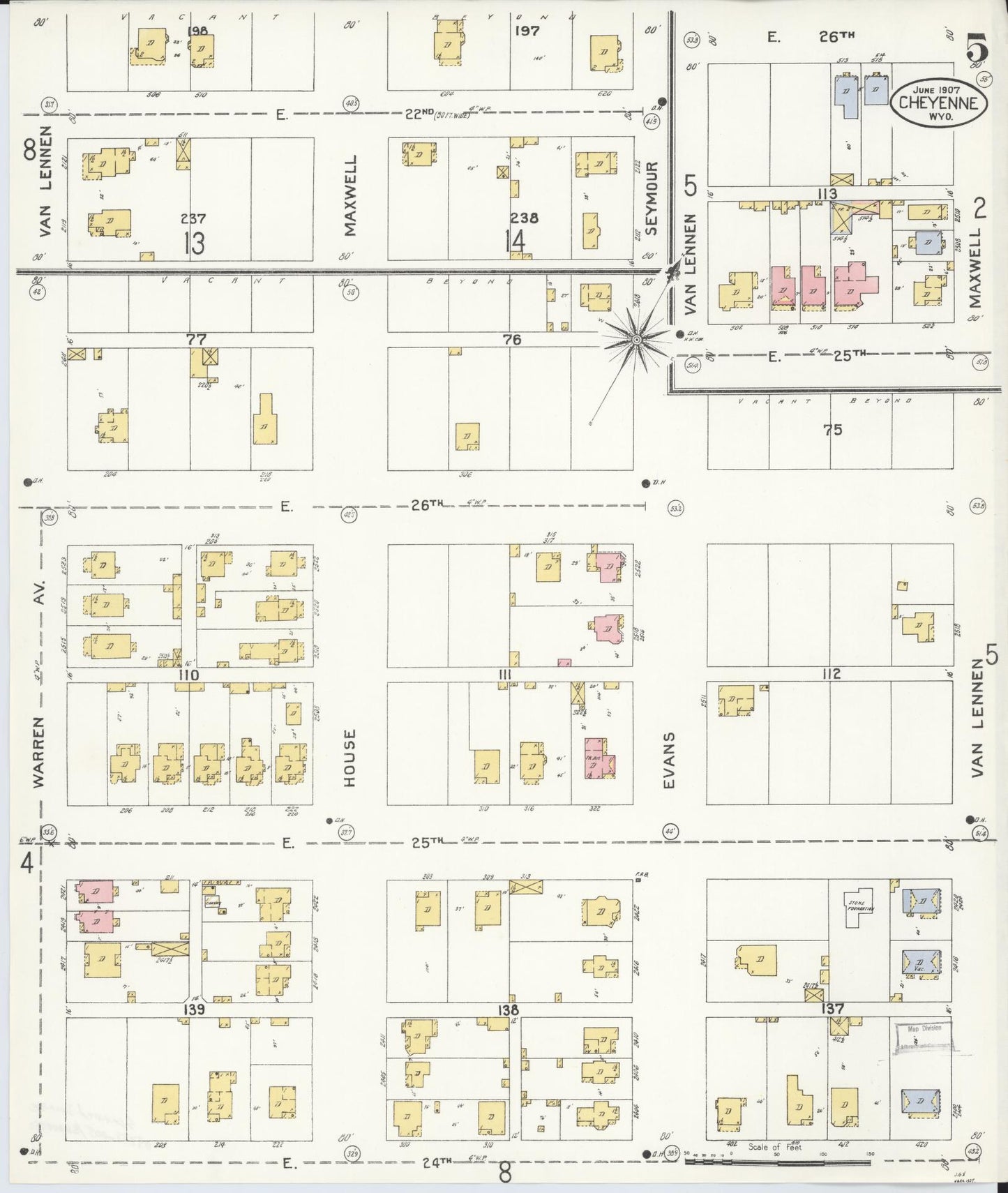 Sanborn Fire Insurance Map from Cheyenne, Laramie County, Wyoming (1907), Sheet #0005 - Complete Map Set gallery image, historic Sanborn map, vintage wall art, Wyoming Wyoming