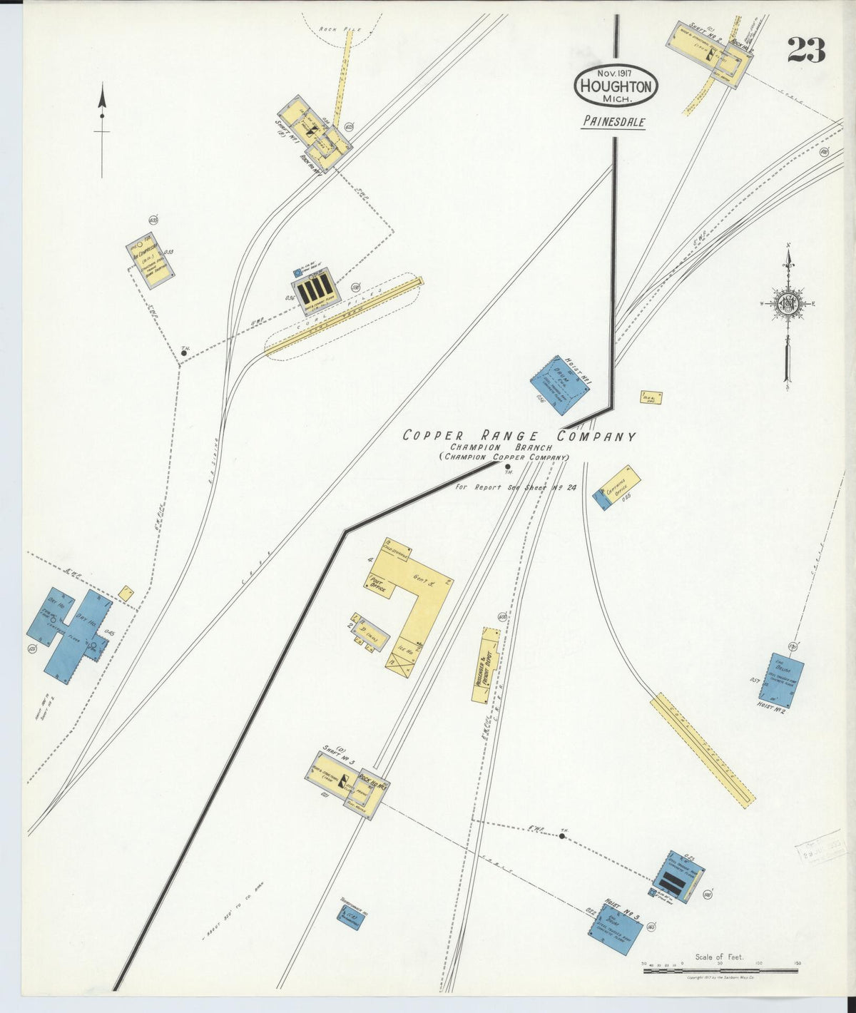 Sanborn Fire Insurance Map from Houghton, Houghton County, Michigan (1917), Sheet #0023 - Historic Sanborn Fire Insurance Map Print, vintage old map wall art, antique decor, genealogy gift, Michigan Michigan map