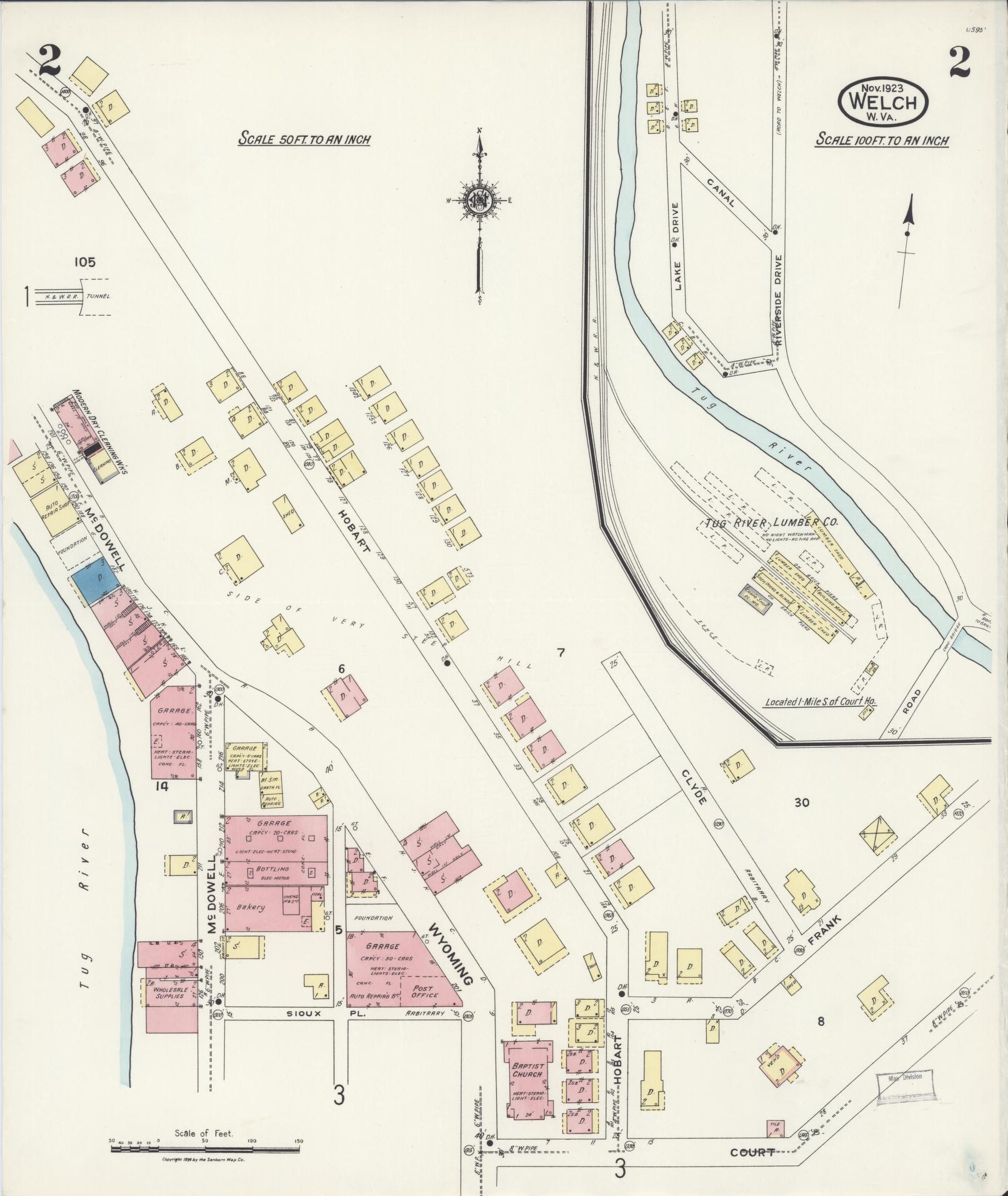 Sanborn Fire Insurance Map from Welch, Mcdowell County, West Virginia (1923), Sheet #0002 - Historic Sanborn Fire Insurance Map Print, vintage old map wall art, antique decor, genealogy gift, West Virginia West Virginia map