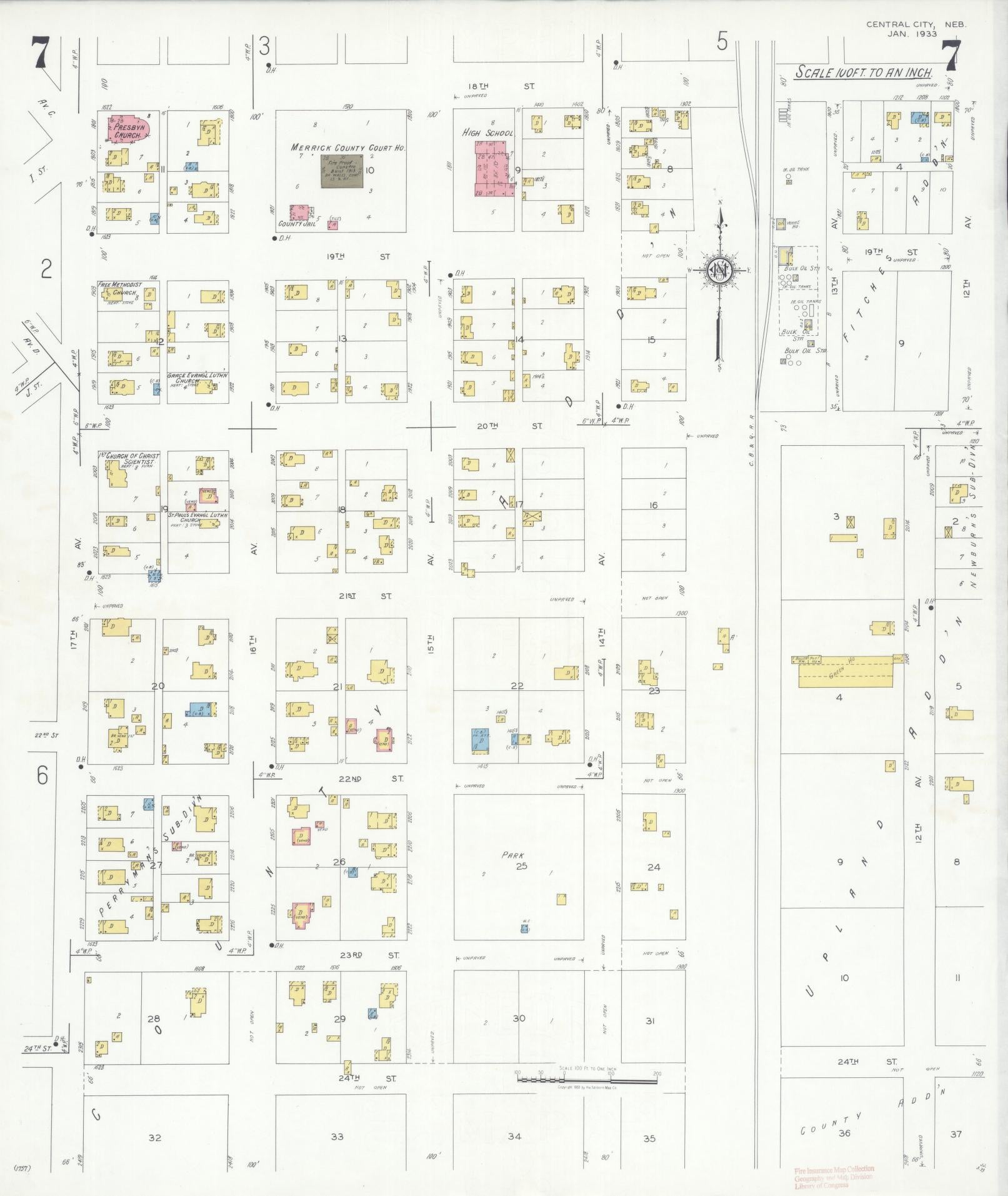 Sanborn Fire Insurance Map from Central City, Merrick County, Nebraska (1933), Sheet #0007 - Complete Map Set gallery image, historic Sanborn map, vintage wall art, Nebraska Nebraska