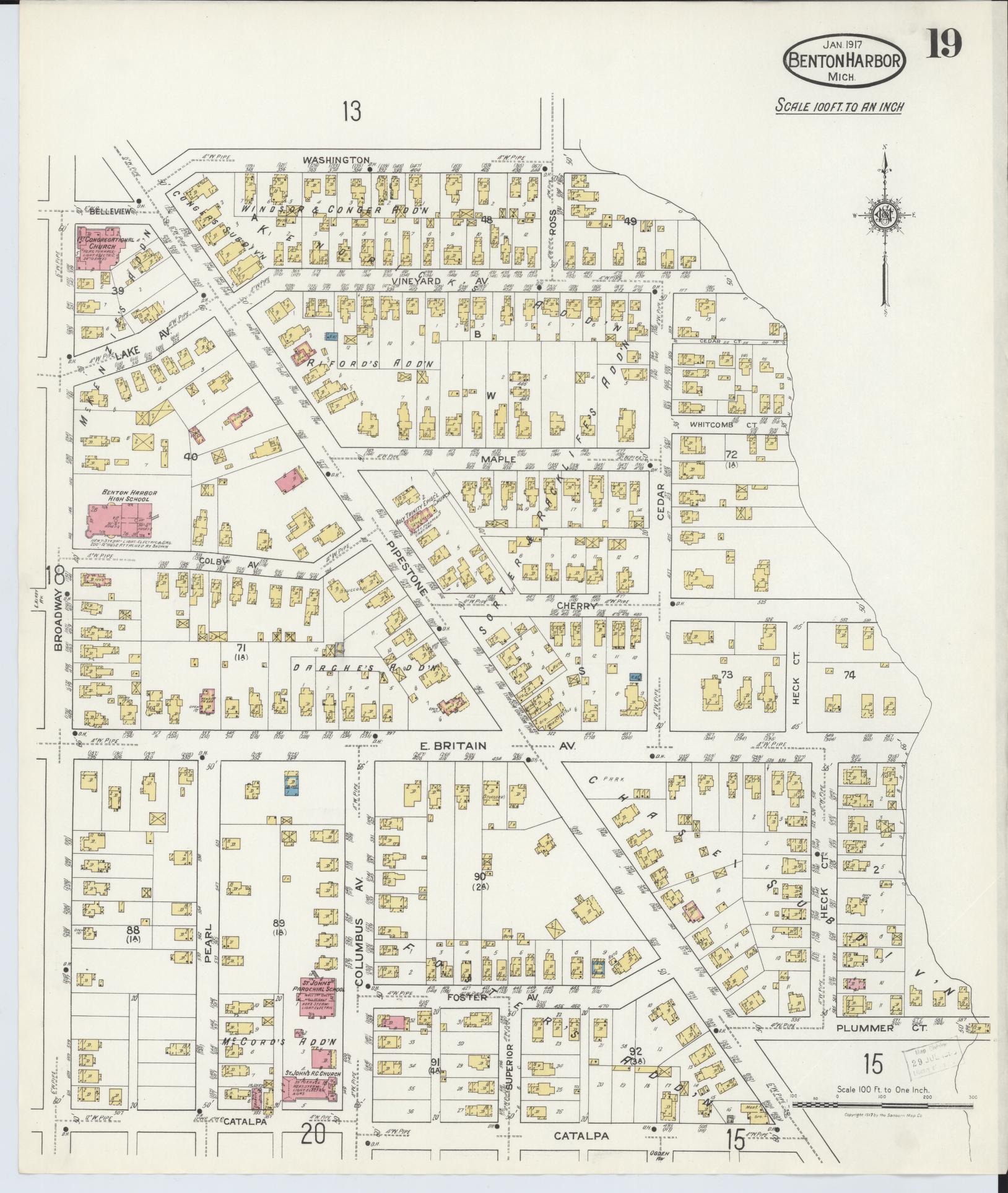 Sanborn Fire Insurance Map from Benton Harbor, Berrien County, Michigan (1917), Sheet #0019 - Historic Sanborn Fire Insurance Map Print, vintage old map wall art, antique decor, genealogy gift, Michigan Michigan map