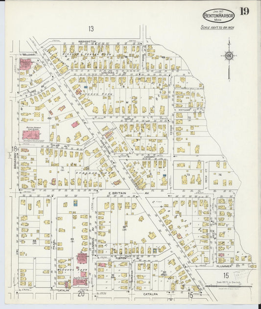 Sanborn Fire Insurance Map from Benton Harbor, Berrien County, Michigan (1917), Sheet #0019 - Historic Sanborn Fire Insurance Map Print, vintage old map wall art, antique decor, genealogy gift, Michigan Michigan map