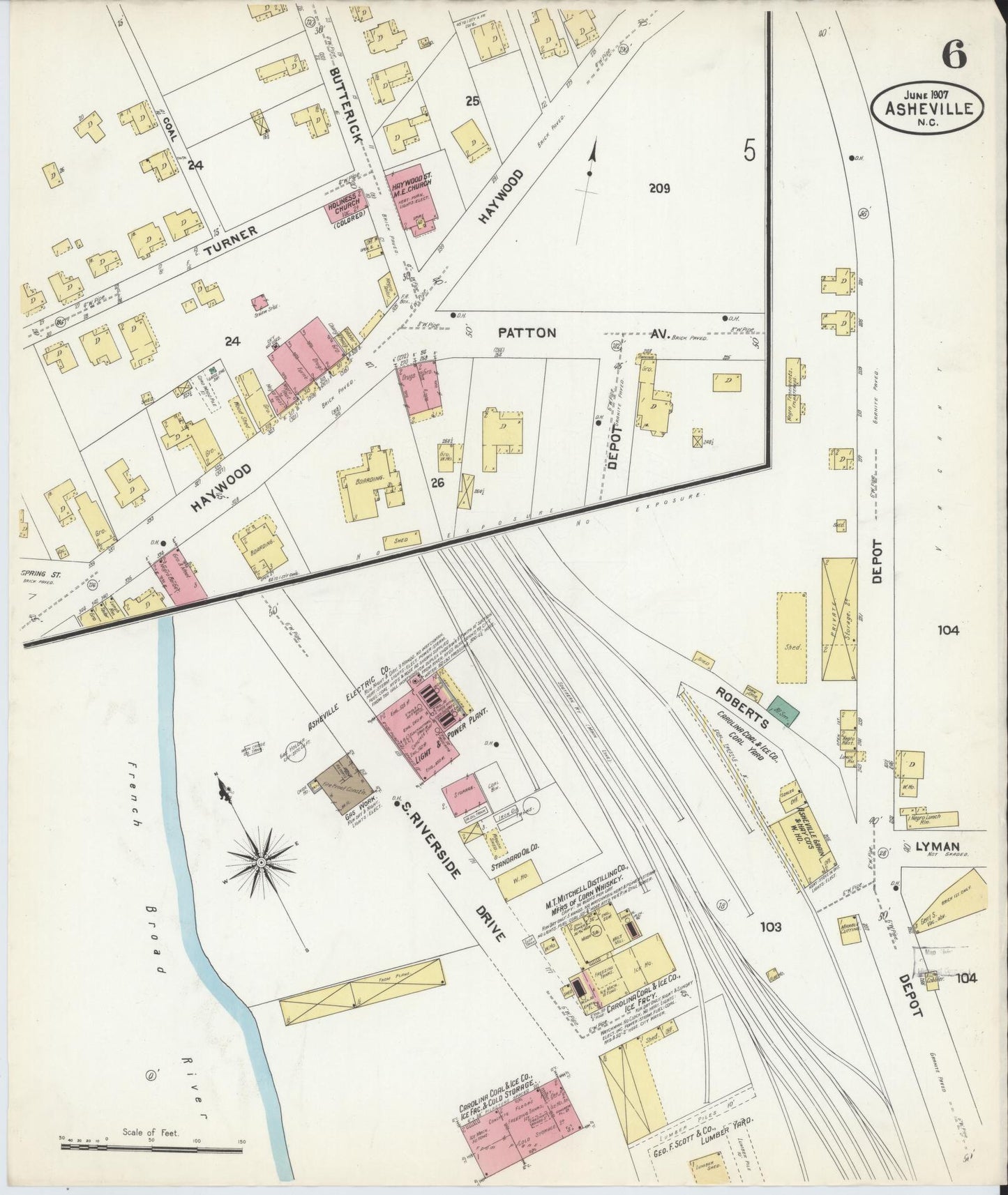 Sanborn Fire Insurance Map from Asheville, Buncombe County, North Carolina (1907), Sheet #0006 - Historic Sanborn Fire Insurance Map Print, vintage old map wall art, antique decor, genealogy gift, North Carolina North Carolina map
