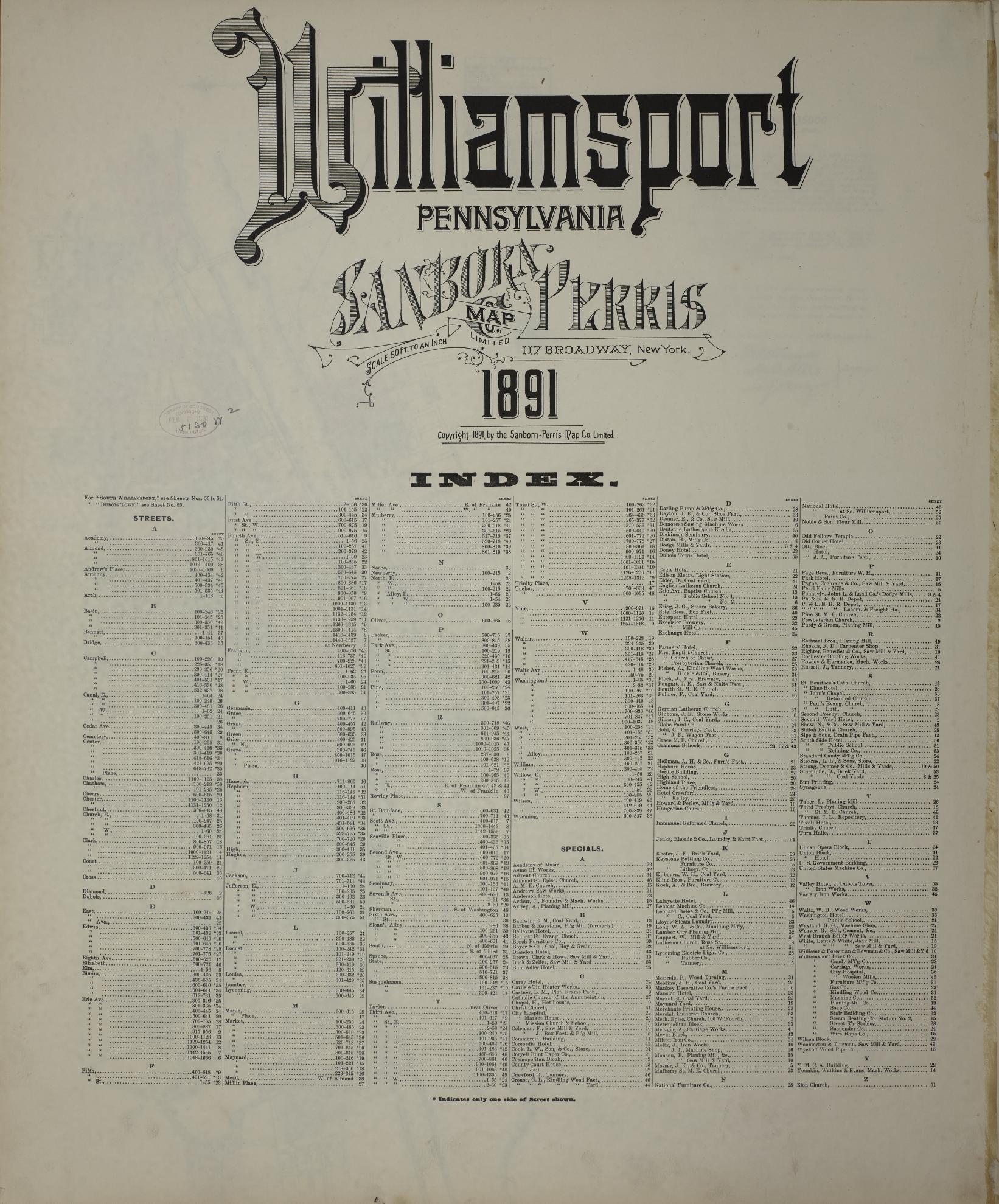 Sanborn Fire Insurance Map from Williamsport, Lycoming County, Pennsylvania. (1891) – Historic Sanborn Fire Insurance Map Print