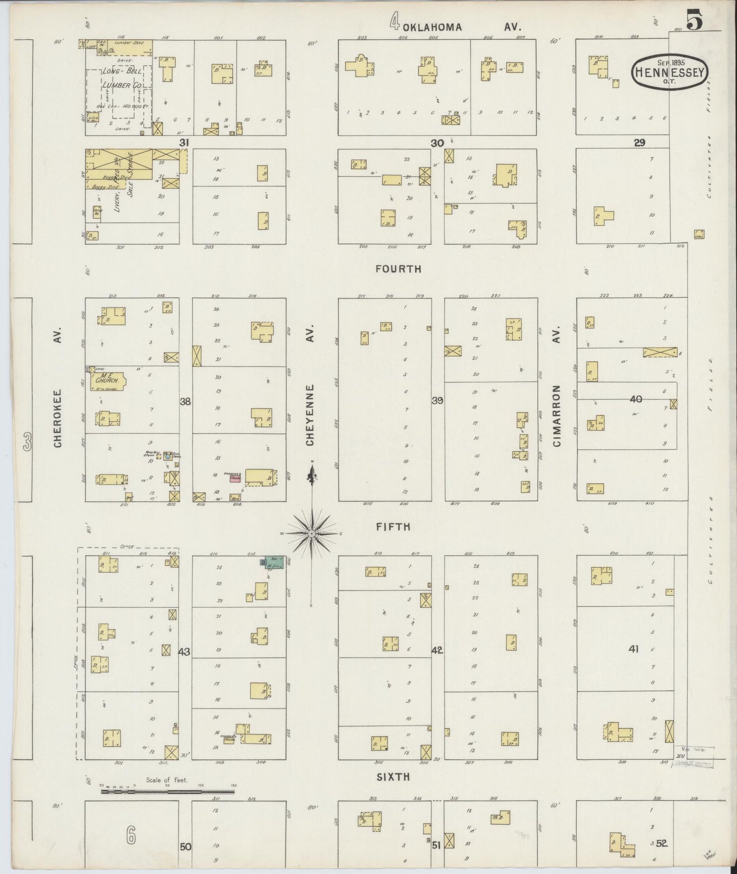 Sanborn Fire Insurance Map from Hennessey, Kingfisher County, Oklahoma (1895), Sheet #0005 - Complete Map Set gallery image, historic Sanborn map, vintage wall art, Oklahoma Oklahoma