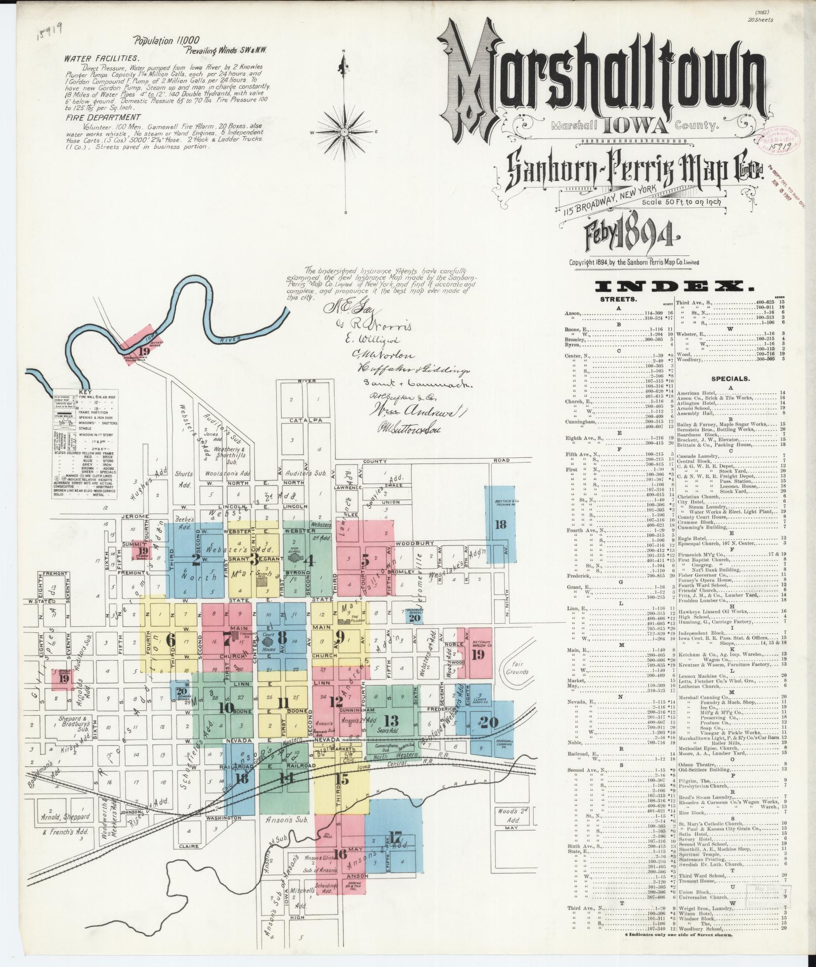 Sanborn Fire Insurance Map from Marshalltown, Marshall County, Iowa (1894), Sheet #0001 - Historic Sanborn Fire Insurance Map Print, vintage old map wall art