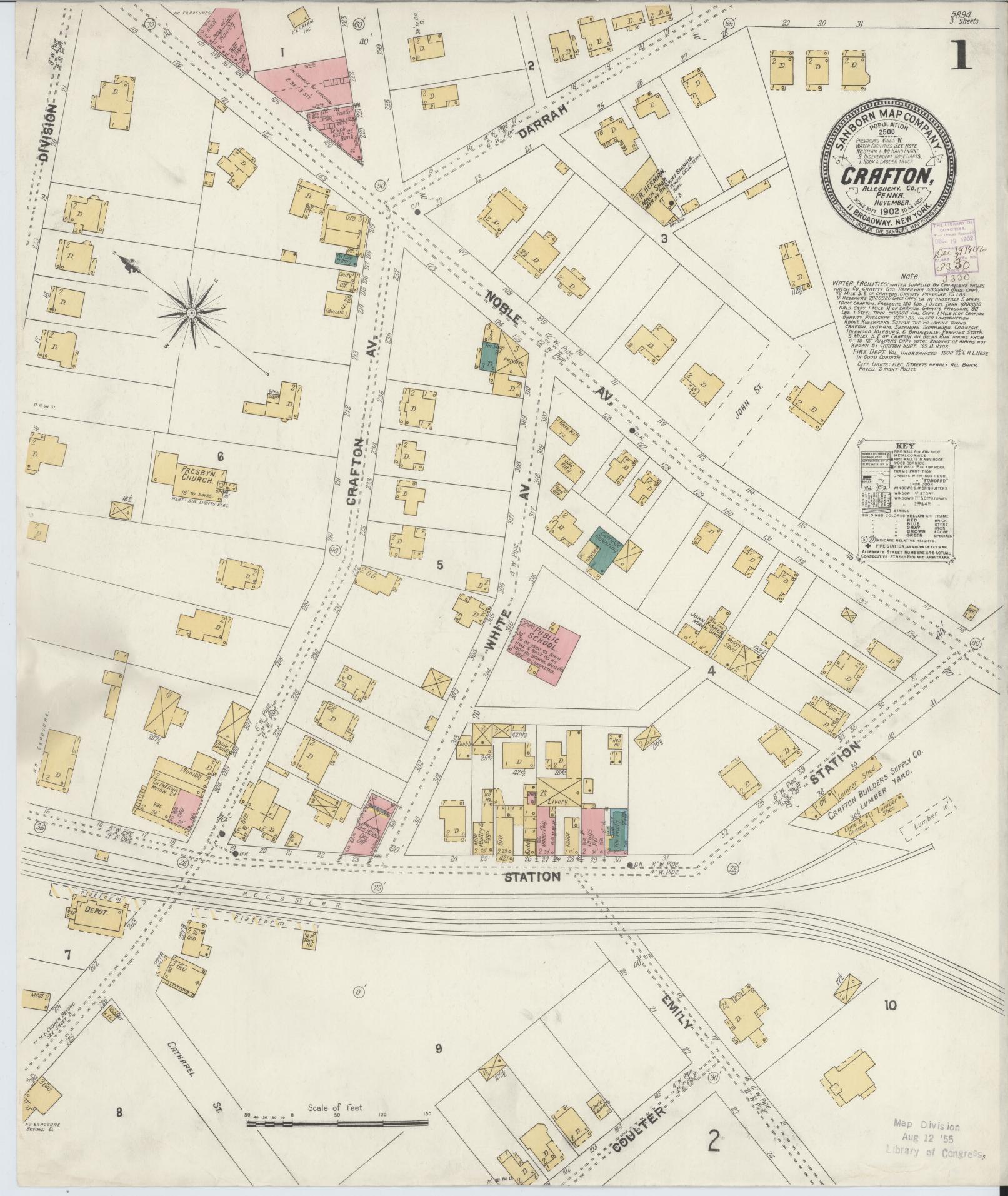 Sanborn Fire Insurance Map from Crafton, Allegheny County, Pennsylvania (1902), Sheet #0001 - Historic Sanborn Fire Insurance Map Print, vintage old map wall art, antique decor, genealogy gift, Pennsylvania Pennsylvania map