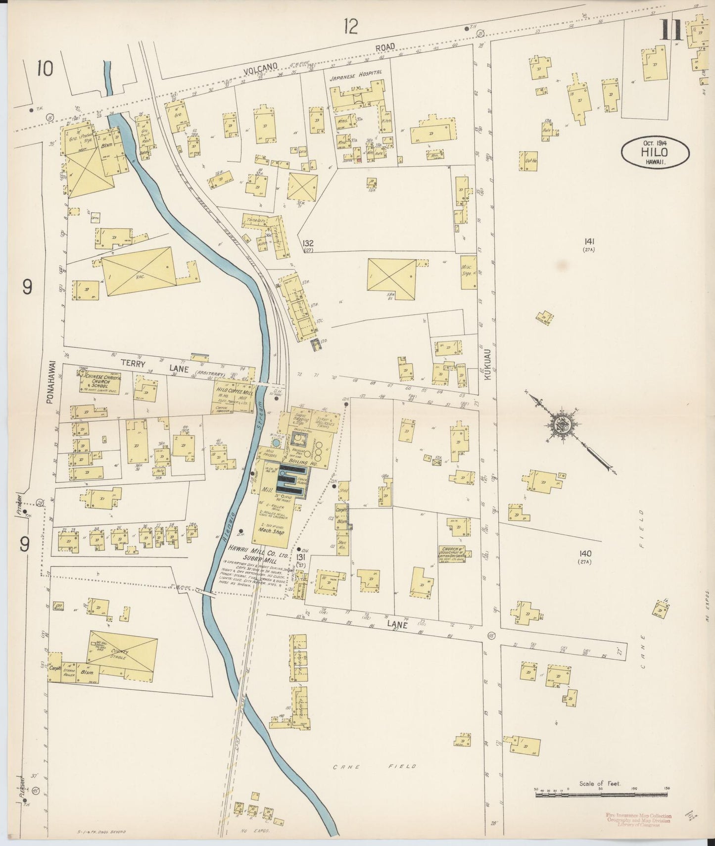 Sanborn Fire Insurance Map from Hilo, Hawaii County, Hawaii (1914), Sheet #0011 - Historic Sanborn Fire Insurance Map Print, vintage old map wall art