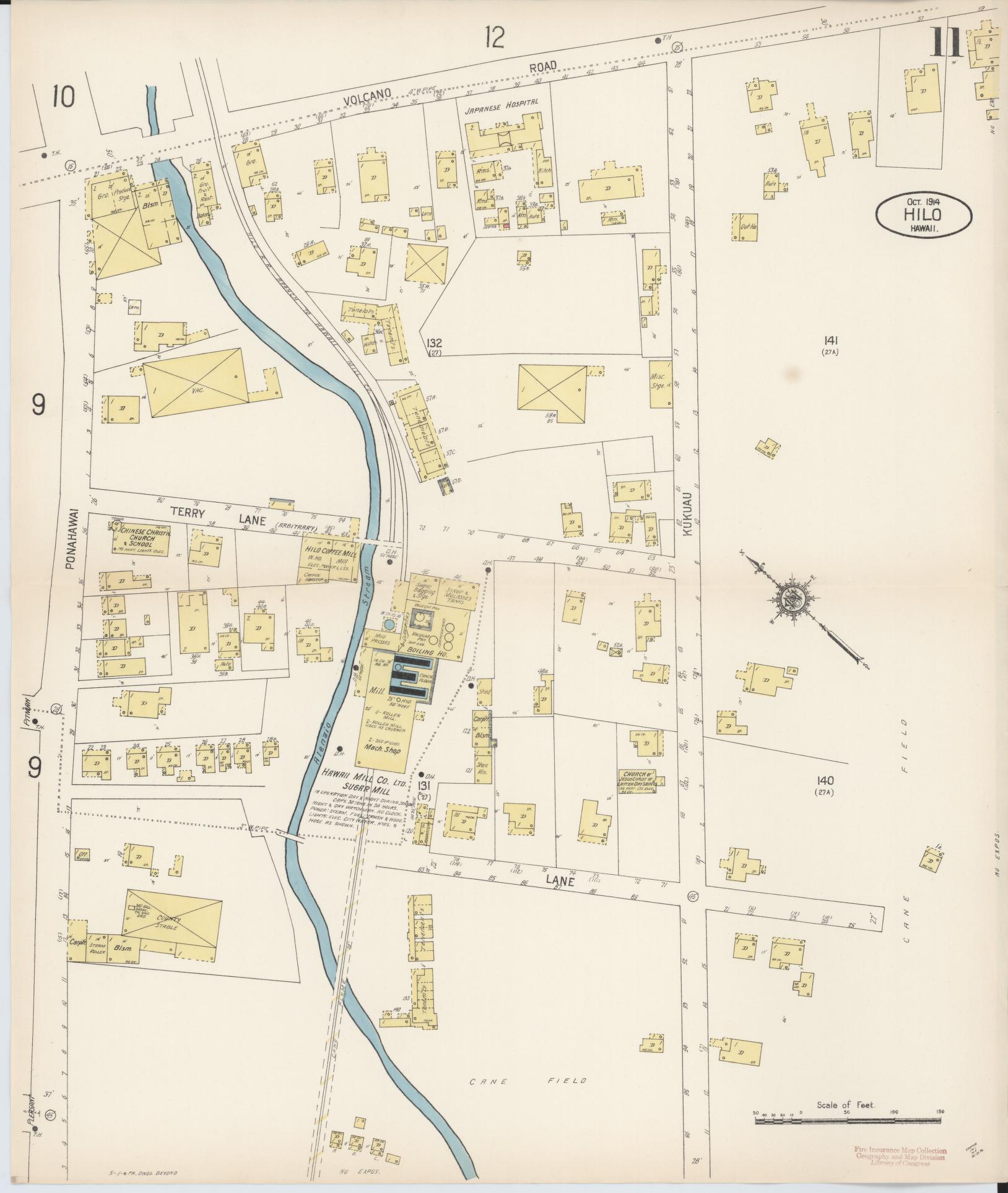 Sanborn Fire Insurance Map from Hilo, Hawaii County, Hawaii (1914), Sheet #0011 - Historic Sanborn Fire Insurance Map Print, vintage old map wall art