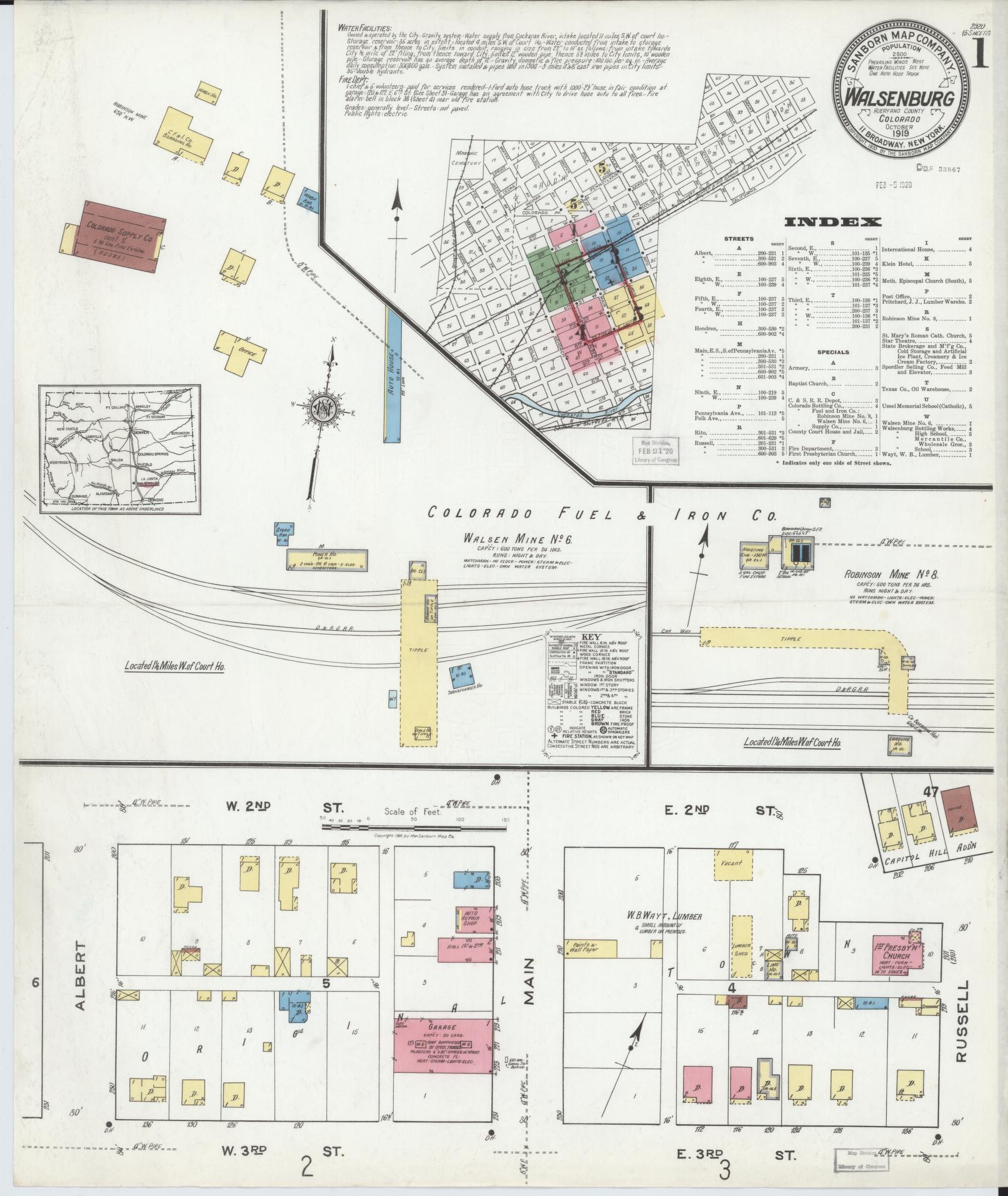 Sanborn Fire Insurance Map from Walsenburg, Huerfano County, Colorado (1919), Sheet #0001 - Complete Map Set gallery image, historic Sanborn map, vintage wall art, Colorado Colorado