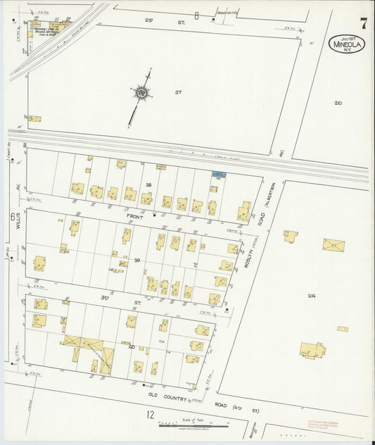 Sanborn Fire Insurance Map from Mineola, Nassau County, New York (1917), Sheet #0007 - Historic Sanborn Fire Insurance Map Print, vintage old map wall art, antique decor, genealogy gift, New York New York map
