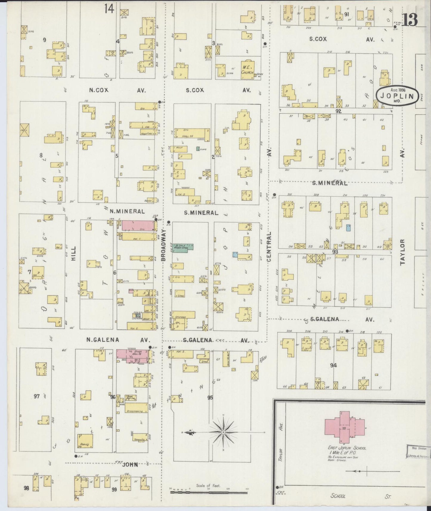 Sanborn Fire Insurance Map from Joplin, Jasper County, Missouri (1896), Sheet #0013 - Complete Map Set gallery image, historic Sanborn map, vintage wall art, Missouri Missouri