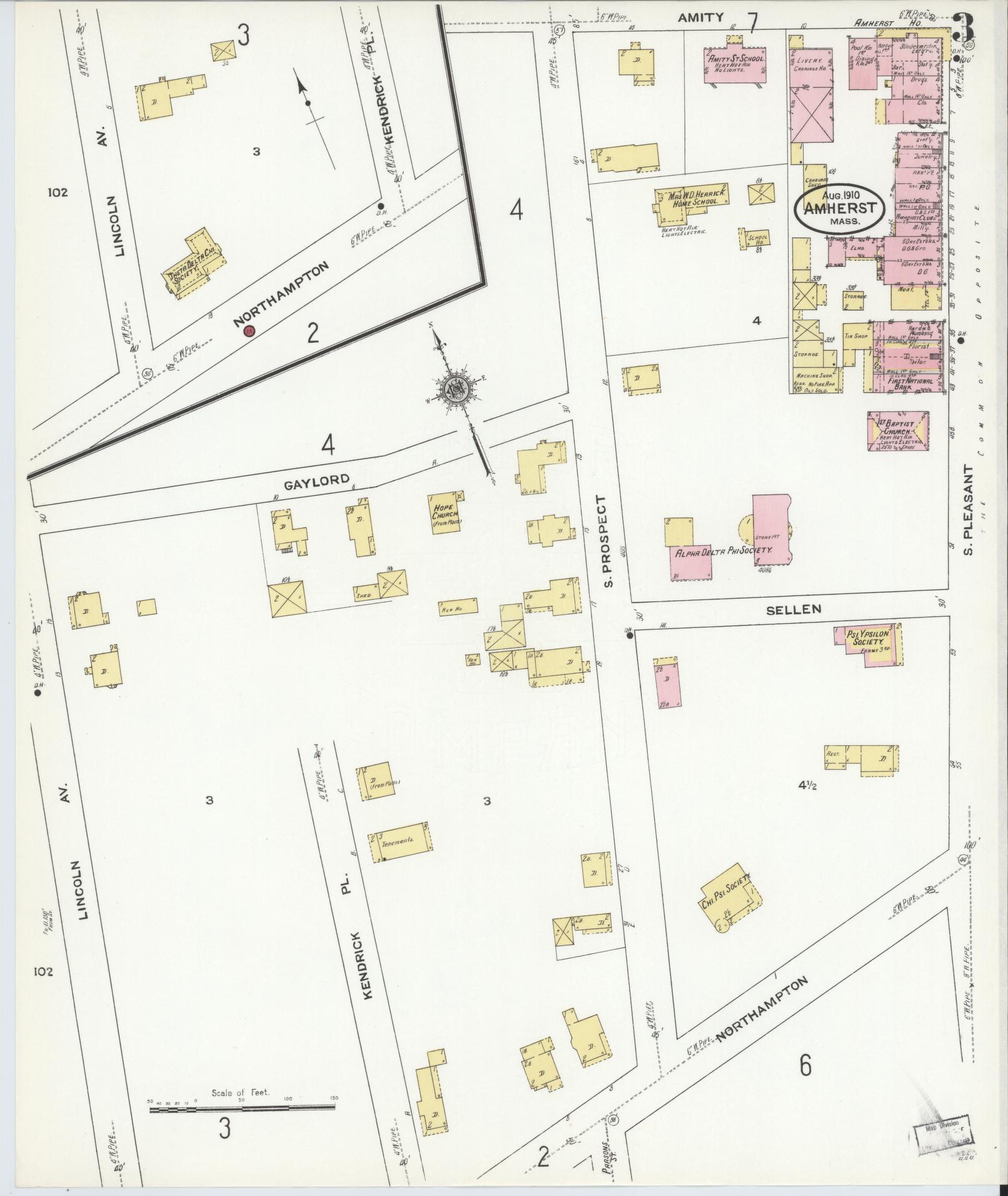 Sanborn Fire Insurance Map from Amherst, Hampshire County, Massachusetts (1910), Sheet #0003 - Complete Map Set gallery image, historic Sanborn map, vintage wall art, Massachusetts Massachusetts