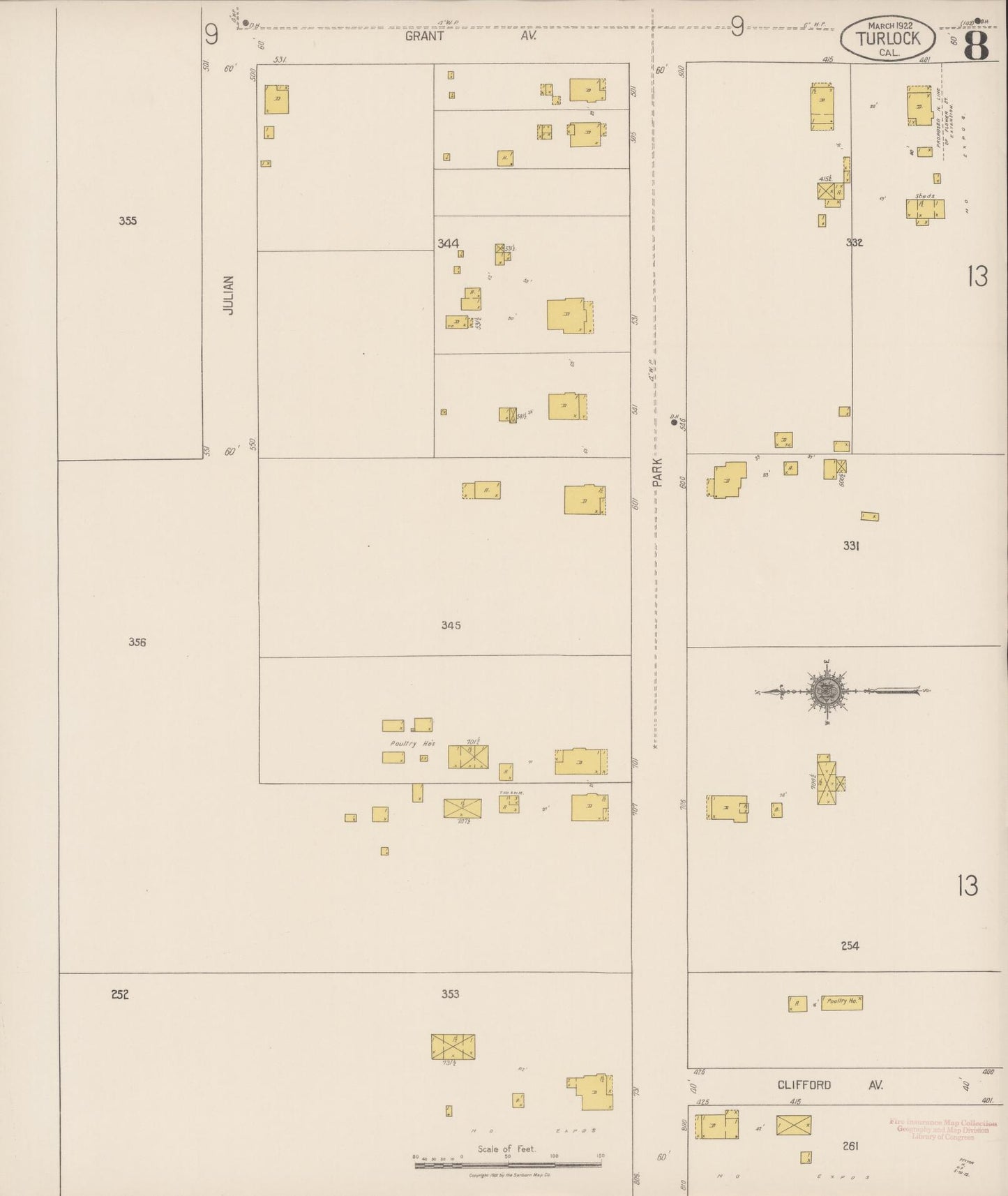 Sanborn Fire Insurance Map from Turlock, Stanislaus County, California (1922), Sheet #0008 - Complete Map Set gallery image, historic Sanborn map, vintage wall art, California California