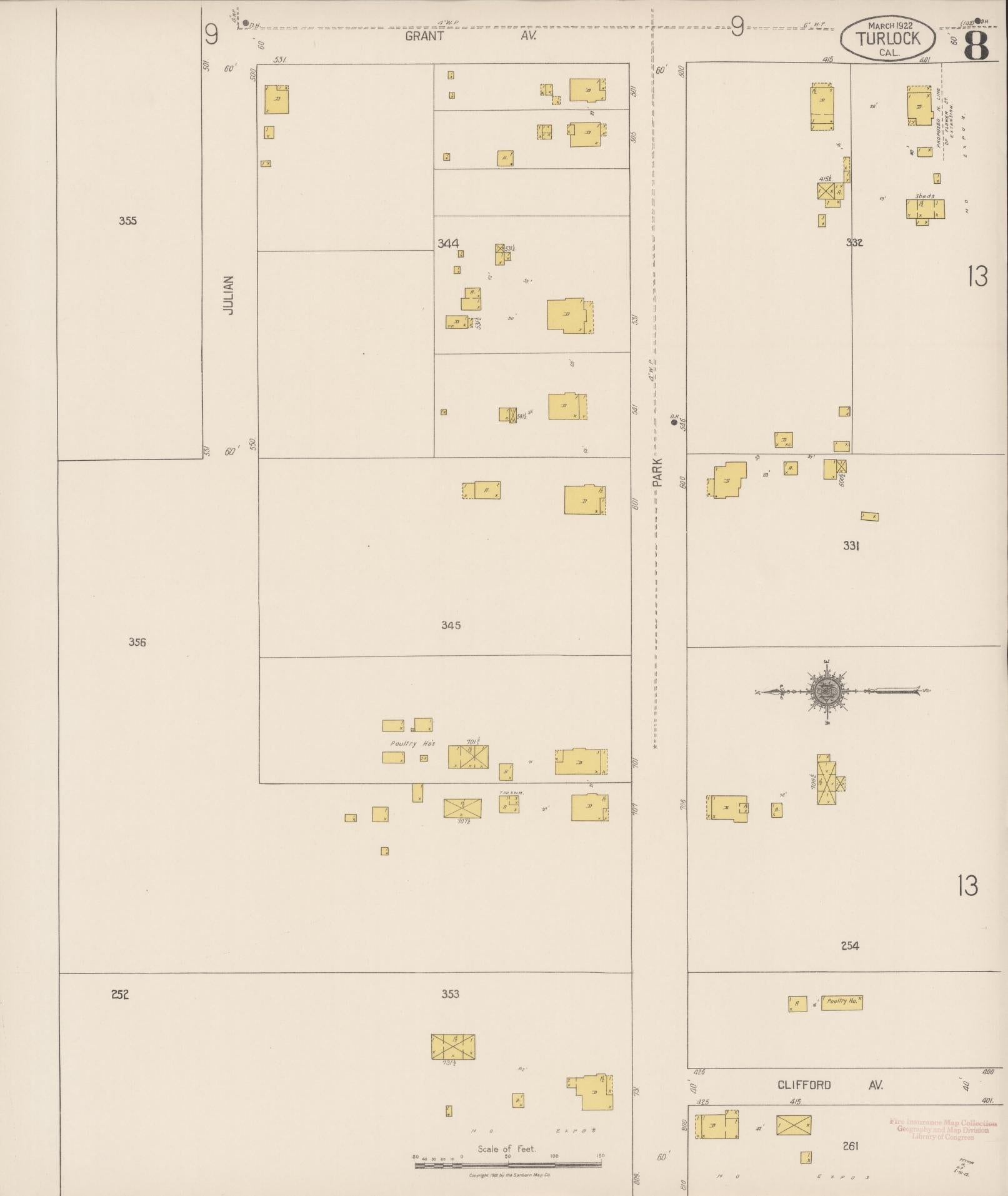 Sanborn Fire Insurance Map from Turlock, Stanislaus County, California (1922), Sheet #0008 - Complete Map Set gallery image, historic Sanborn map, vintage wall art, California California