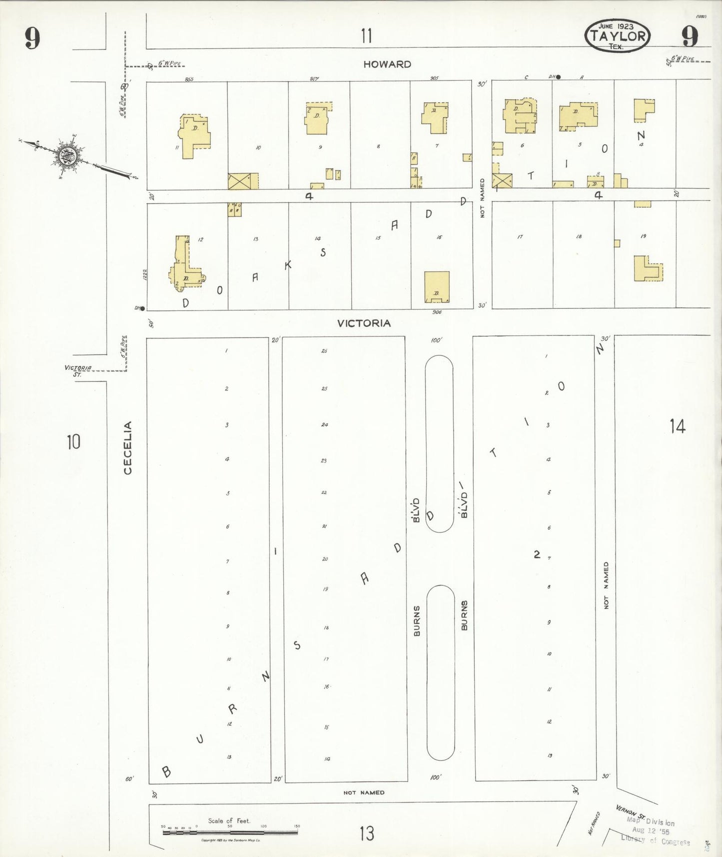 Sanborn Fire Insurance Map from Taylor, Williamson County, Texas (1923), Sheet #0009 - Complete Map Set gallery image, historic Sanborn map, vintage wall art, Texas Texas