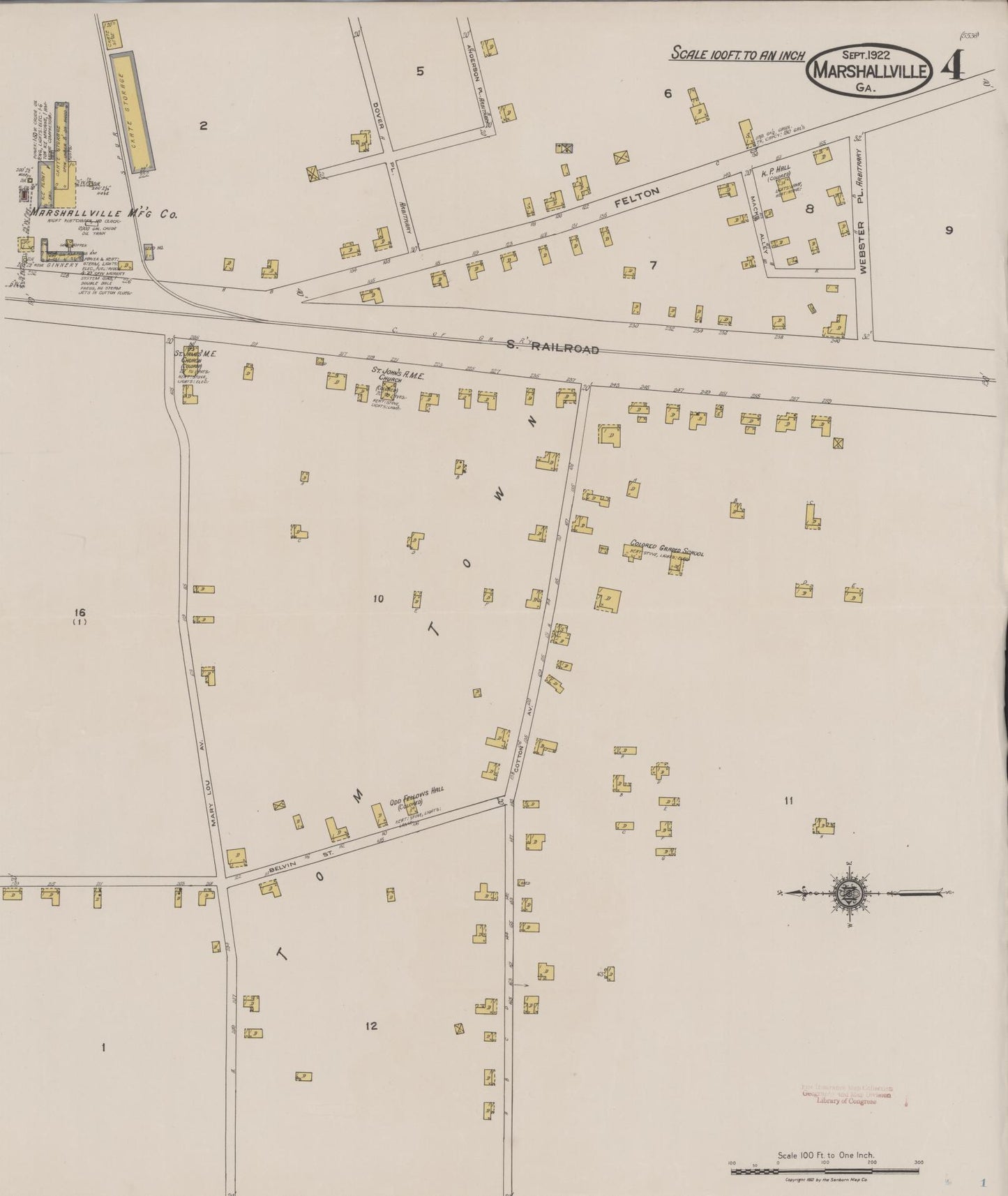 Sanborn Fire Insurance Map from Marshallville, Macon County, Georgia (1922), Sheet #0004 - Historic Sanborn Fire Insurance Map Print, vintage old map wall art, antique decor, genealogy gift, Georgia Georgia map