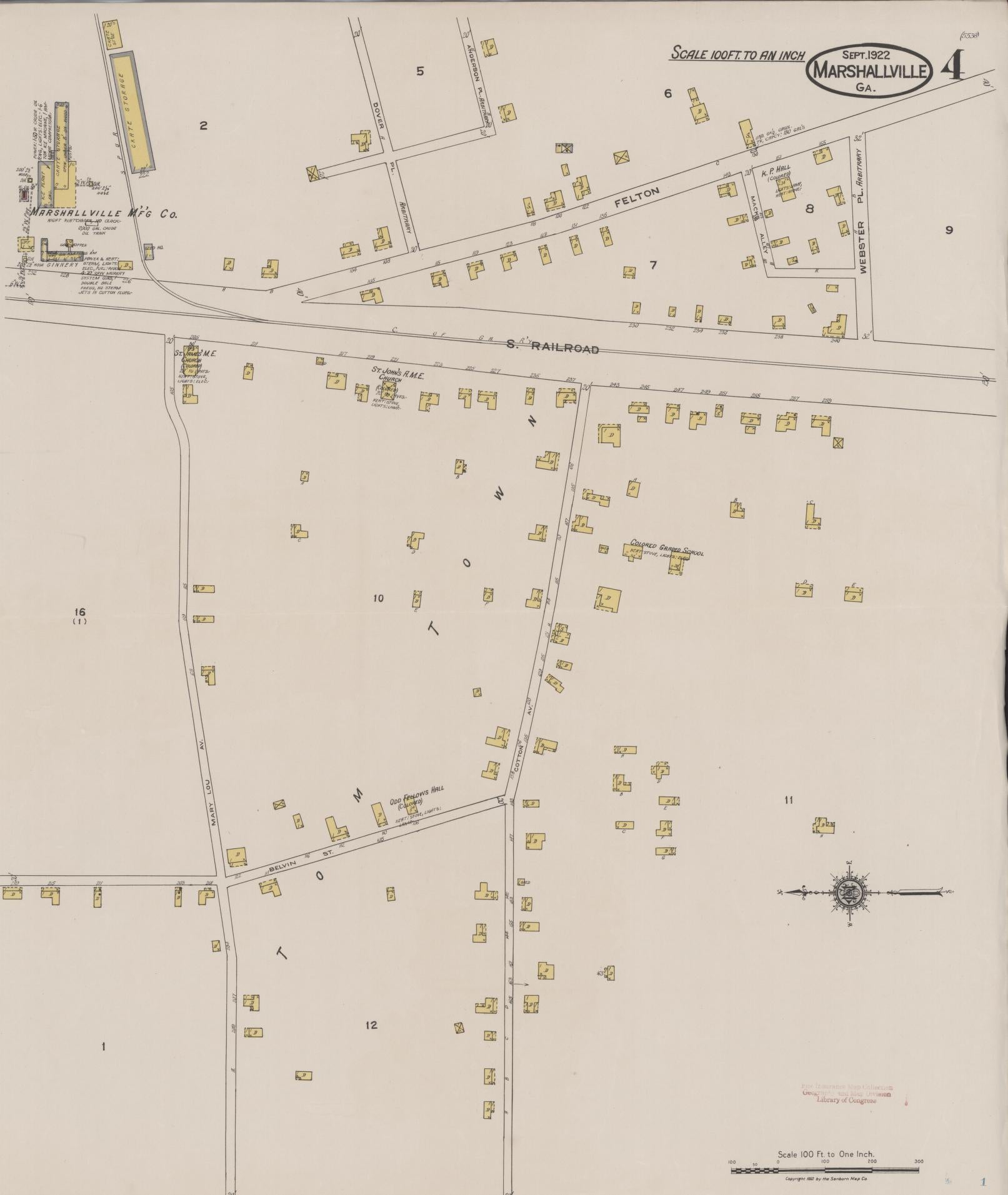 Sanborn Fire Insurance Map from Marshallville, Macon County, Georgia (1922), Sheet #0004 - Historic Sanborn Fire Insurance Map Print, vintage old map wall art, antique decor, genealogy gift, Georgia Georgia map