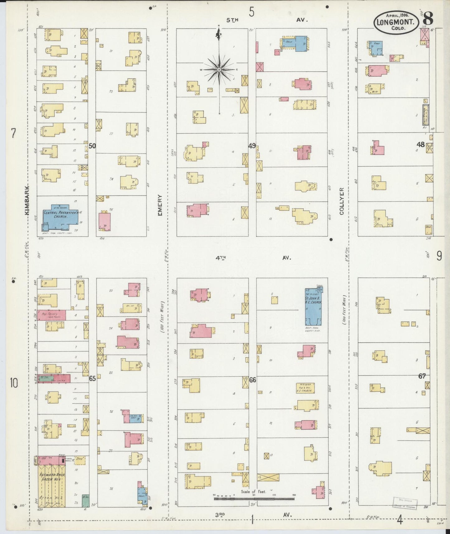 Sanborn Fire Insurance Map from Longmont, Boulder County, Colorado (1906), Sheet #0008 - Complete Map Set gallery image, historic Sanborn map, vintage wall art, Colorado Colorado