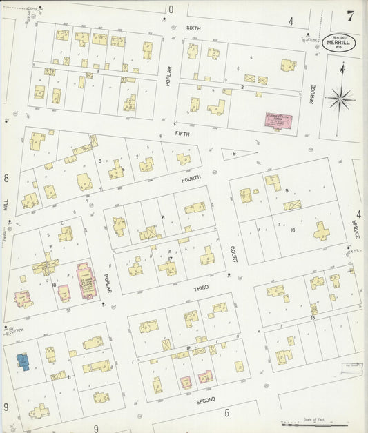 Sanborn Fire Insurance Map from Merrill, Lincoln County, Wisconsin (1907), Sheet #0007 - Historic Sanborn Fire Insurance Map Print, vintage old map wall art, antique decor, genealogy gift, Wisconsin Wisconsin map