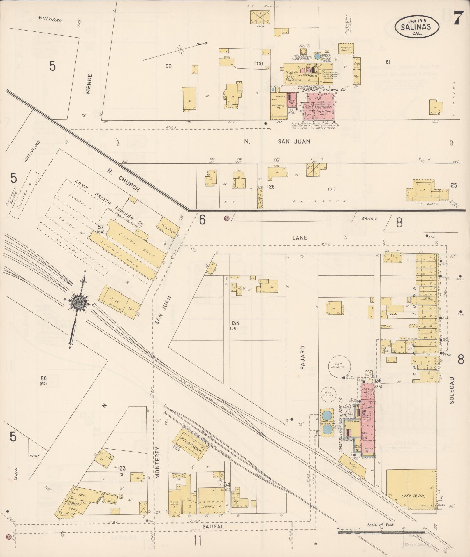 Sanborn Fire Insurance Map from Salinas, Monterey County, California (1913), Sheet #0007 - Complete Map Set gallery image, historic Sanborn map, vintage wall art, California California