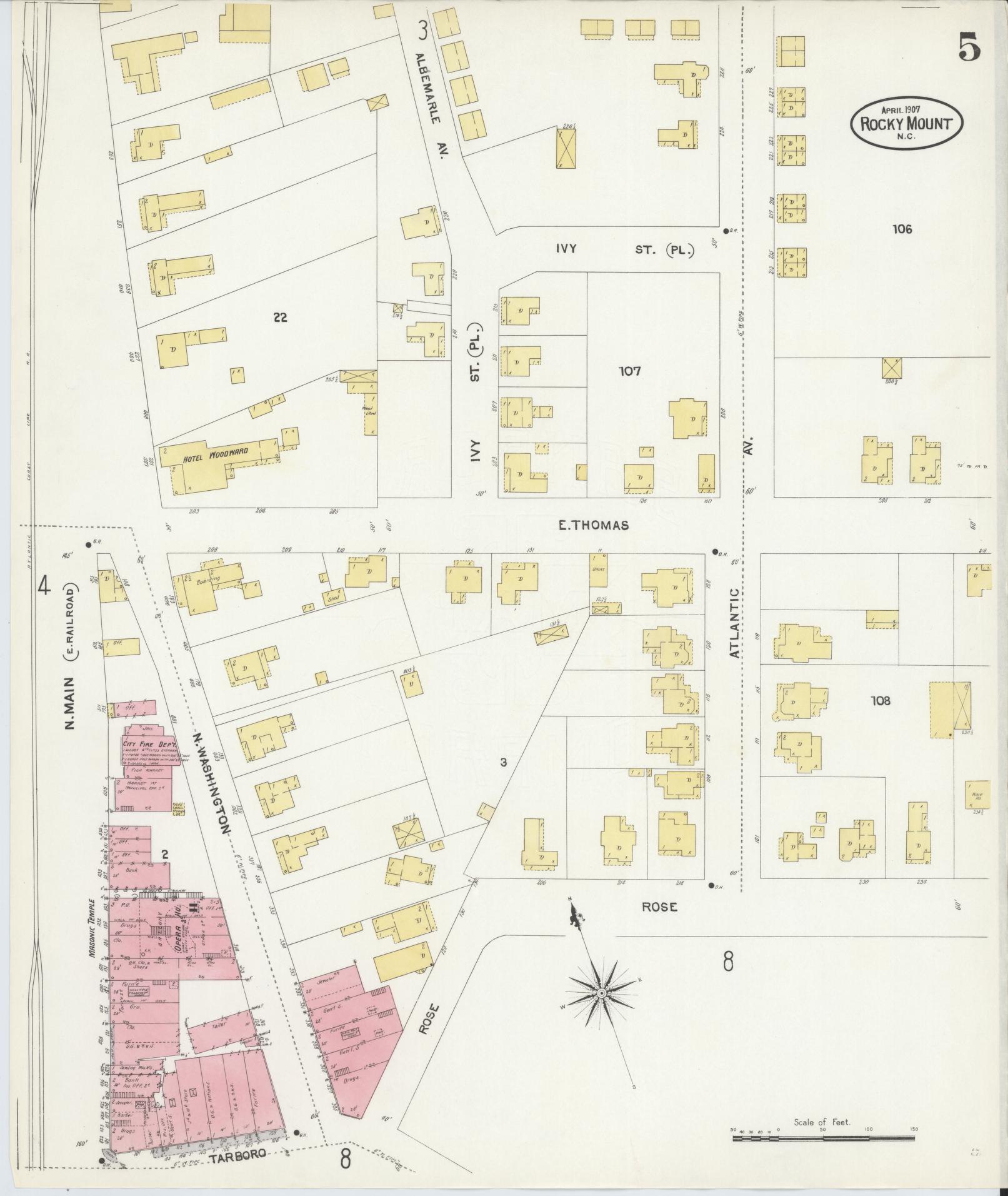 Sanborn Fire Insurance Map from Rocky Mount, Edgecombe And Nash Counties, North Carolina (1907), Sheet #0005 - Complete Map Set gallery image, historic Sanborn map, vintage wall art, North Carolina North Carolina