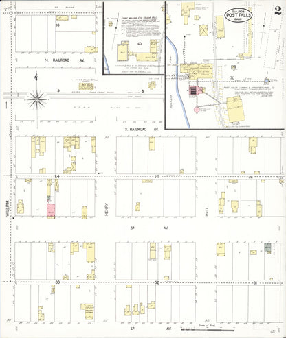 Sanborn Fire Insurance Map from Post Falls, Kootenai County, Idaho (1908), Sheet #0002 - Complete Map Set gallery image, historic Sanborn map, vintage wall art, Idaho Idaho
