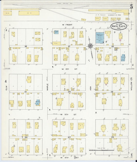 Sanborn Fire Insurance Map from North Platte, Lincoln County, Nebraska (1909), Sheet #0005 - Historic Sanborn Fire Insurance Map Print, vintage old map wall art, antique decor, genealogy gift, Nebraska Nebraska map