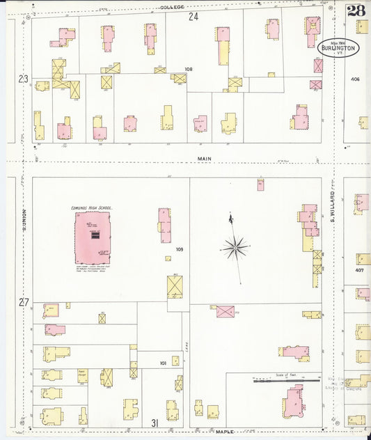 Sanborn Fire Insurance Map from Burlington, Chittenden County, Vermont (1906), Sheet #0028 - Historic Sanborn Fire Insurance Map Print, vintage old map wall art, antique decor, genealogy gift, Vermont Vermont map