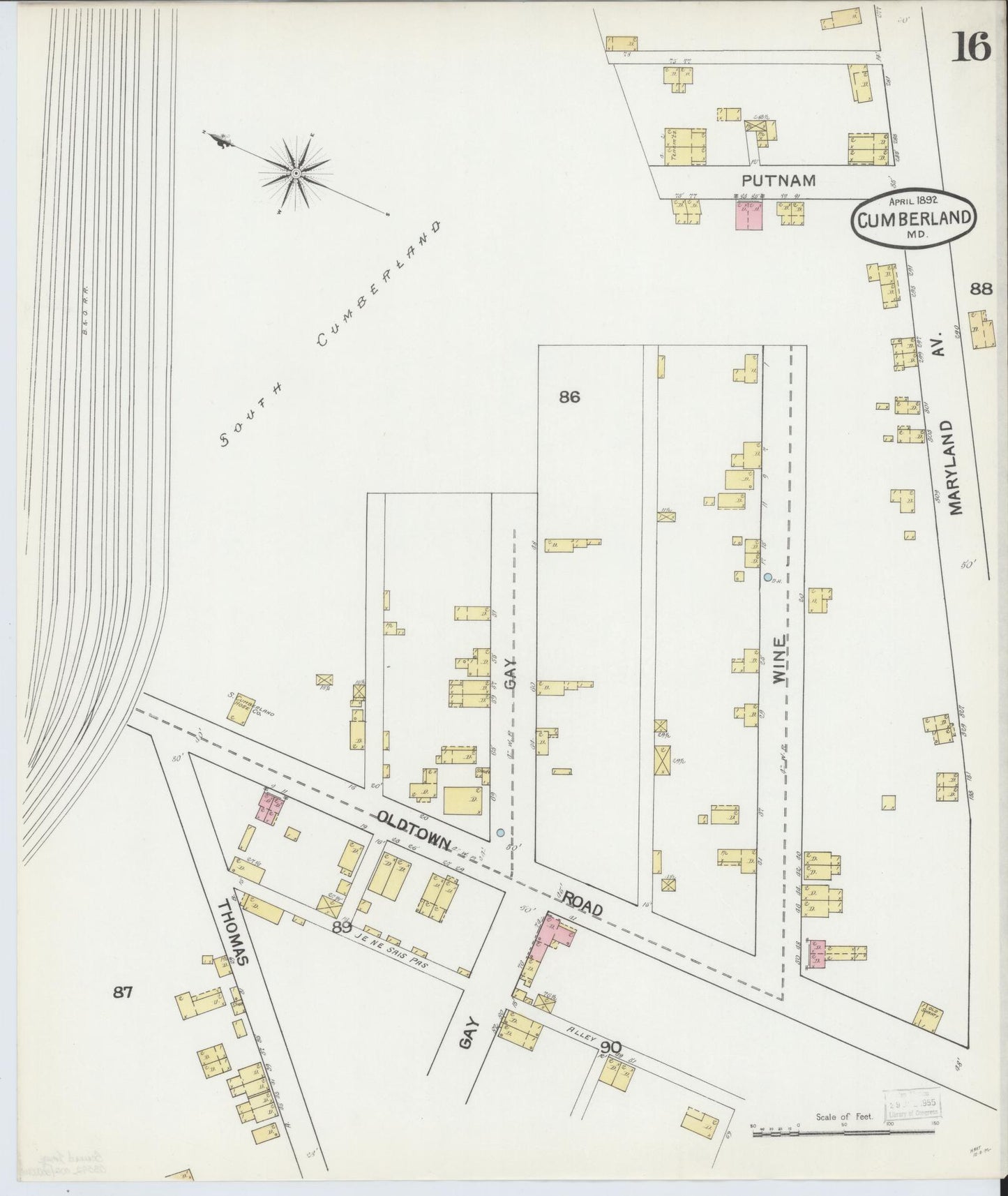 Sanborn Fire Insurance Map from Cumberland, Allegany County, Maryland (1892), Sheet #0016 - Historic Sanborn Fire Insurance Map Print, vintage old map wall art, antique decor, genealogy gift, Maryland Maryland map