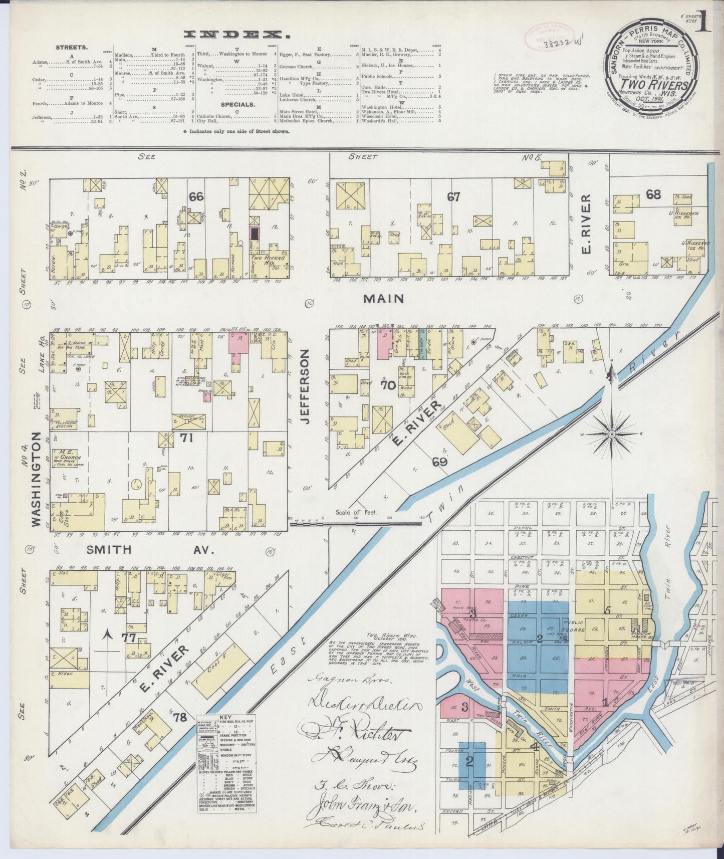Sanborn Fire Insurance Map from Two Rivers, Manitowoc County, Wisconsin (1891), Sheet #0001 - Historic Sanborn Fire Insurance Map Print, vintage old map wall art, antique decor, genealogy gift, Wisconsin Wisconsin map