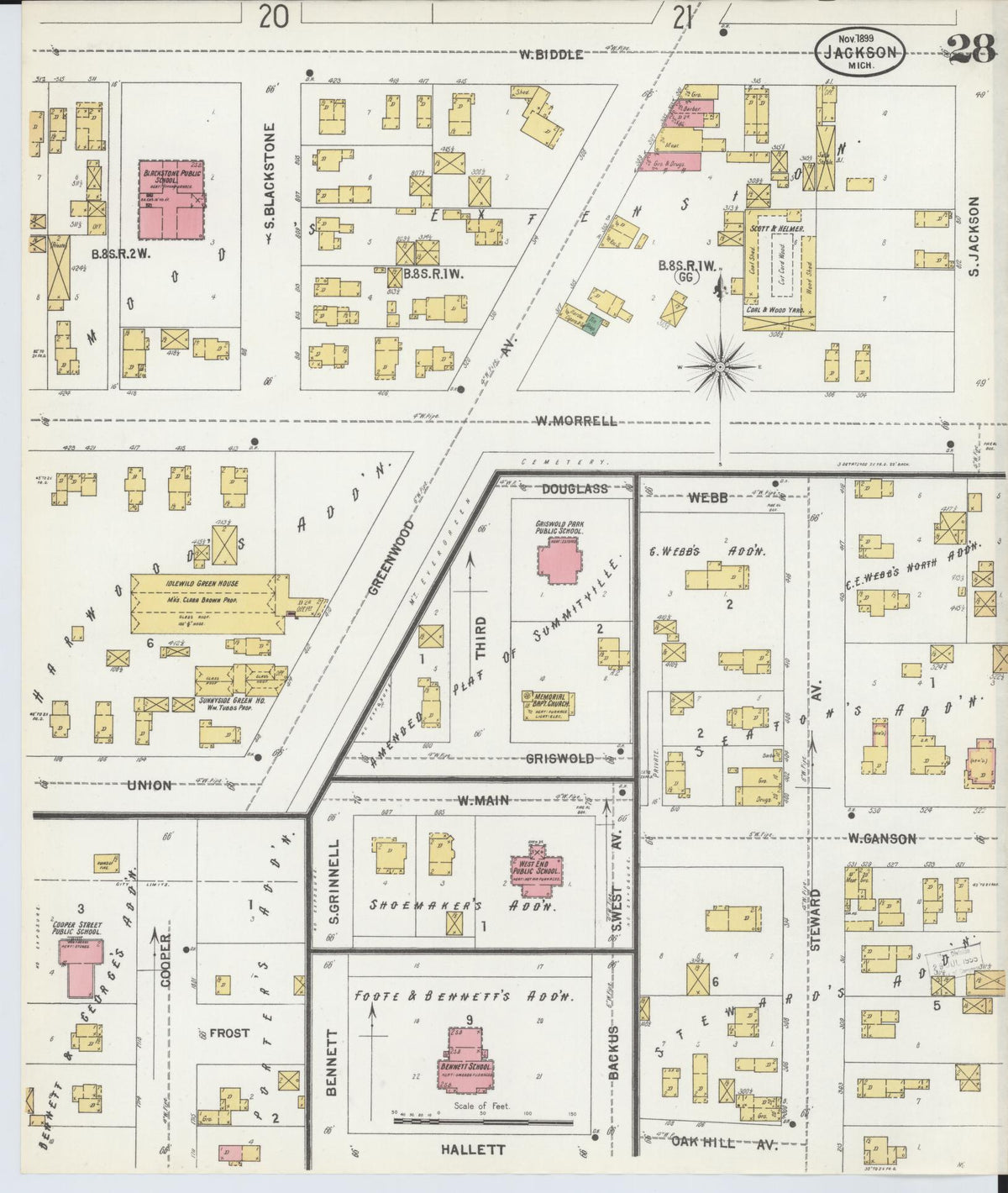 Sanborn Fire Insurance Map from Jackson, Jackson County, Michigan (1899), Sheet #0028 - Historic Sanborn Fire Insurance Map Print, vintage old map wall art, antique decor, genealogy gift, Michigan Michigan map