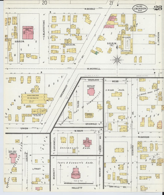 Sanborn Fire Insurance Map from Jackson, Jackson County, Michigan (1899), Sheet #0028 - Historic Sanborn Fire Insurance Map Print, vintage old map wall art, antique decor, genealogy gift, Michigan Michigan map