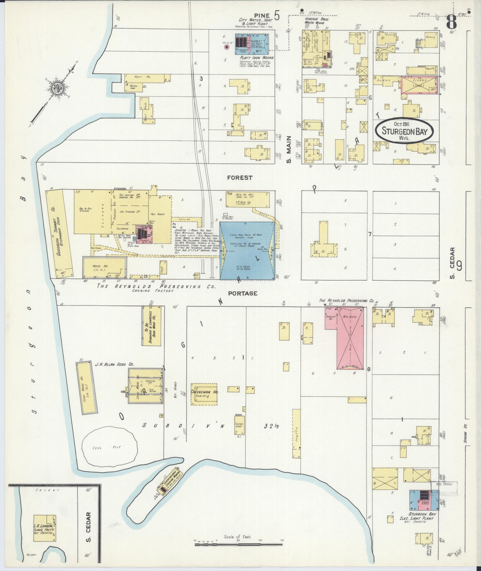 Sanborn Fire Insurance Map from Sturgeon Bay, Door County, Wisconsin (1911), Sheet #0008 - Historic Sanborn Fire Insurance Map Print, vintage old map wall art, antique decor, genealogy gift, Wisconsin Wisconsin map