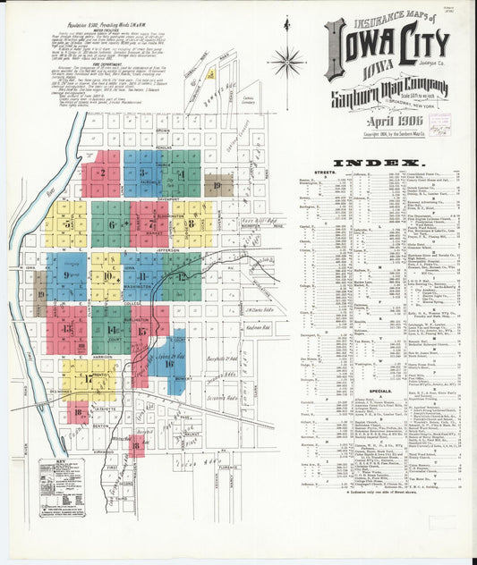 Sanborn Fire Insurance Map from Iowa City, Johnson County, Iowa (1906), Sheet #0001 - Historic Sanborn Fire Insurance Map Print, vintage old map wall art