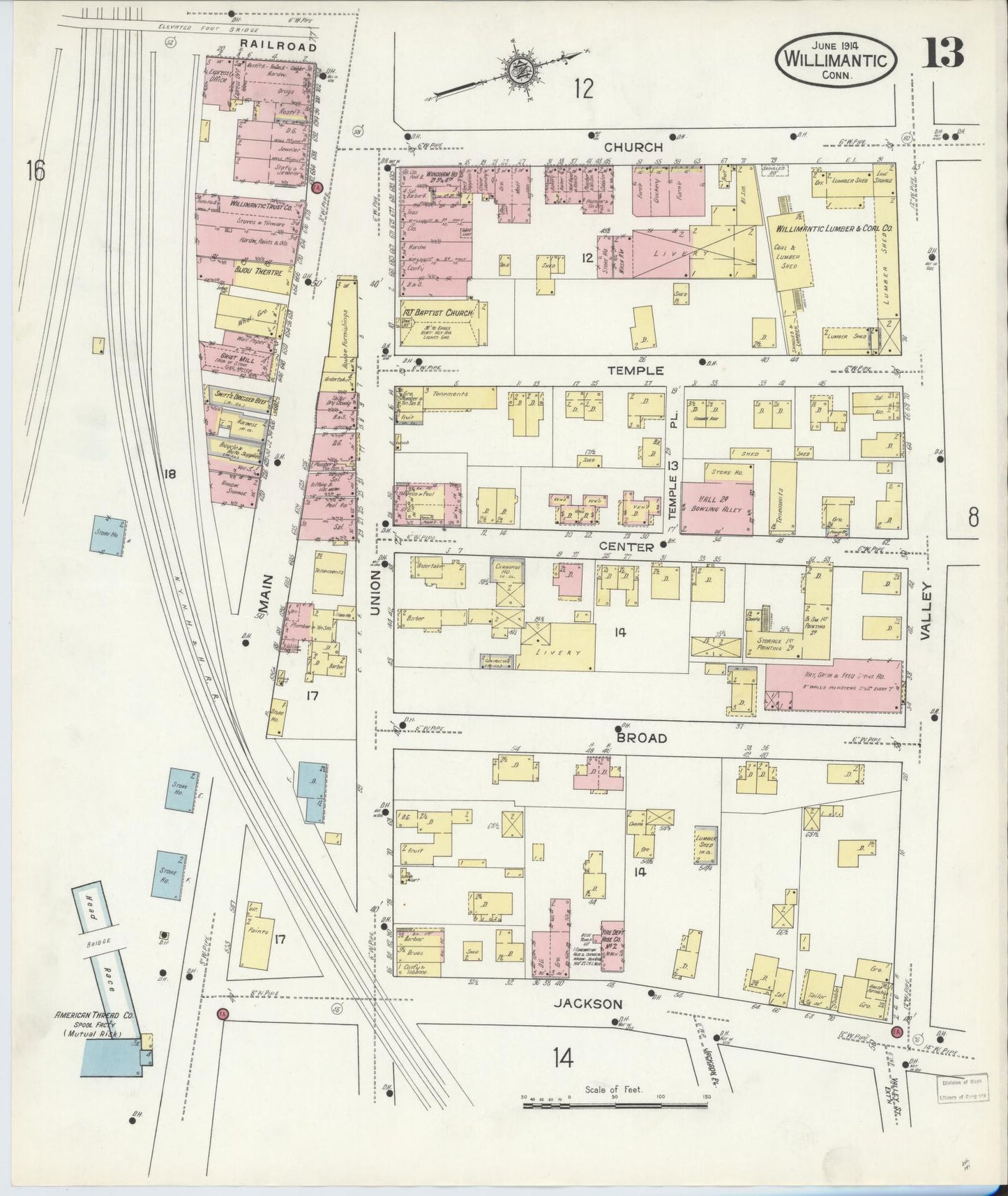 Sanborn Fire Insurance Map from Willimantic, Windham County, Connecticut (1914), Sheet #0013 - Historic Sanborn Fire Insurance Map Print, vintage old map wall art, antique decor, genealogy gift, Connecticut Connecticut map