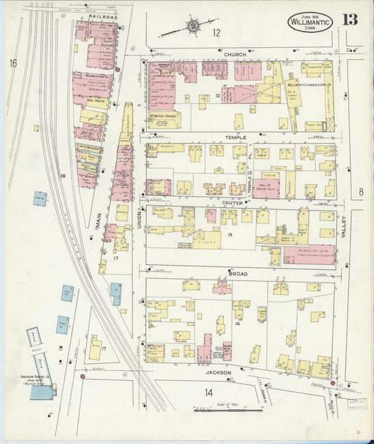 Sanborn Fire Insurance Map from Willimantic, Windham County, Connecticut (1914), Sheet #0013 - Historic Sanborn Fire Insurance Map Print, vintage old map wall art, antique decor, genealogy gift, Connecticut Connecticut map