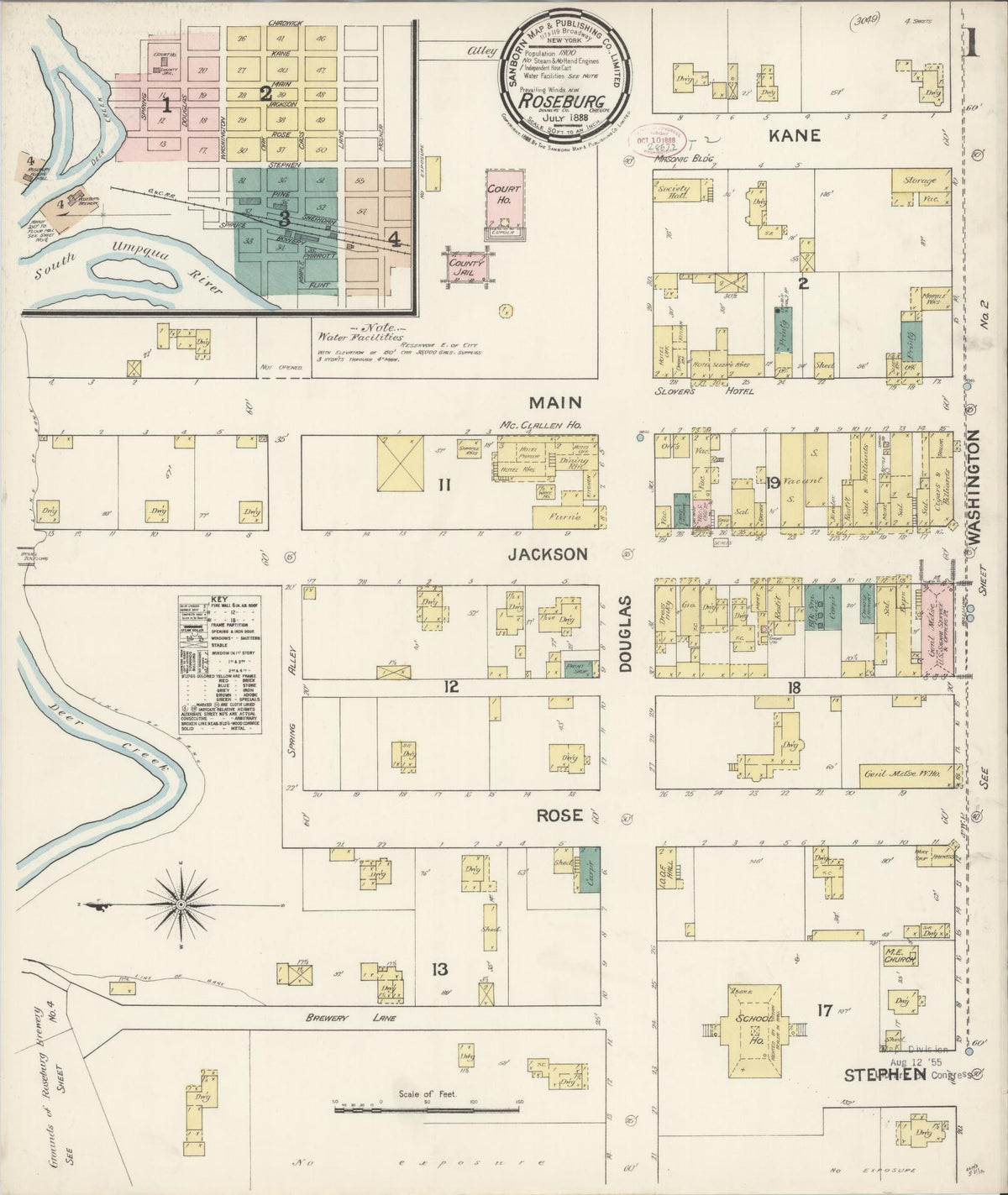 Sanborn Fire Insurance Map from Roseburg, Douglas County, Oregon (1888), Sheet #0001 - Historic Sanborn Fire Insurance Map Print, vintage old map wall art, antique decor, genealogy gift, Oregon Oregon map
