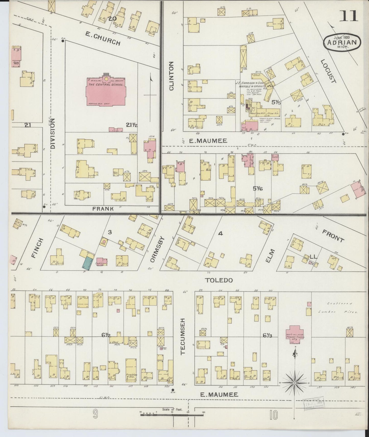 Sanborn Fire Insurance Map from Adrian, Lenawee County, Michigan (1893), Sheet #0011 - Complete Map Set gallery image, historic Sanborn map, vintage wall art, Michigan Michigan