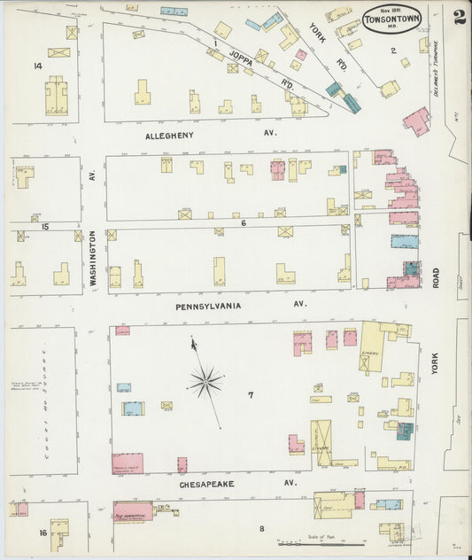 Sanborn Fire Insurance Map from Towson, Baltimore County, Maryland (1891), Sheet #0002 - Historic Sanborn Fire Insurance Map Print, vintage old map wall art