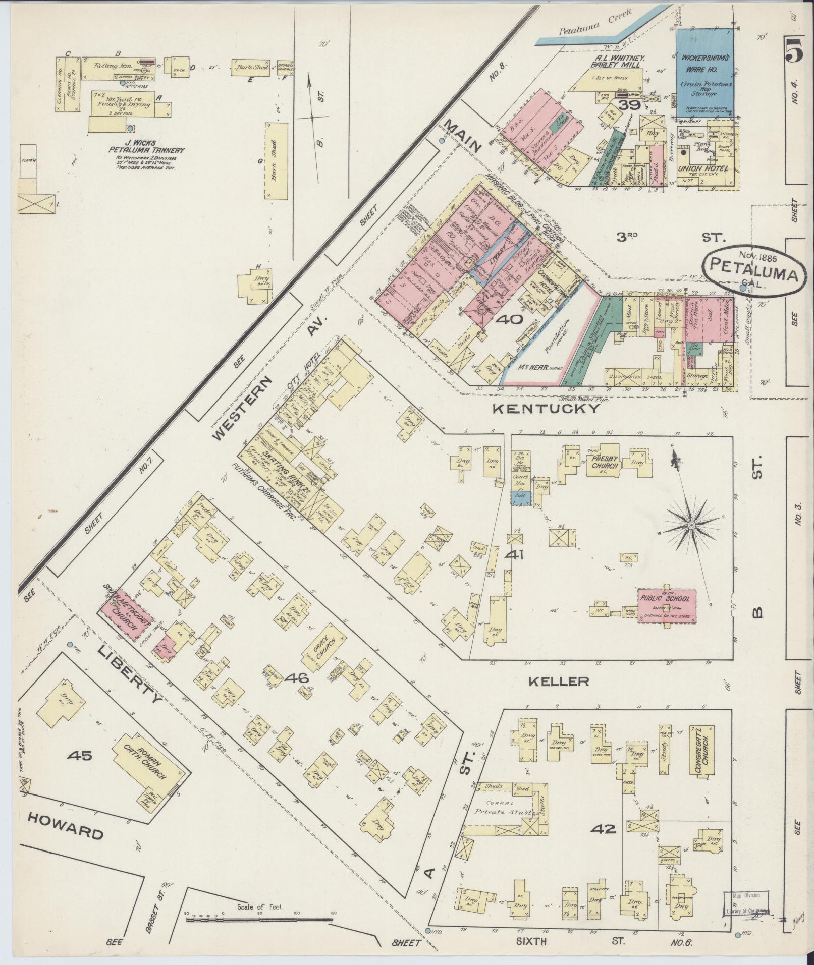 Sanborn Fire Insurance Map from Petaluma, Sonoma County, California (1885), Sheet #0005 - Complete Map Set gallery image, historic Sanborn map, vintage wall art, California California