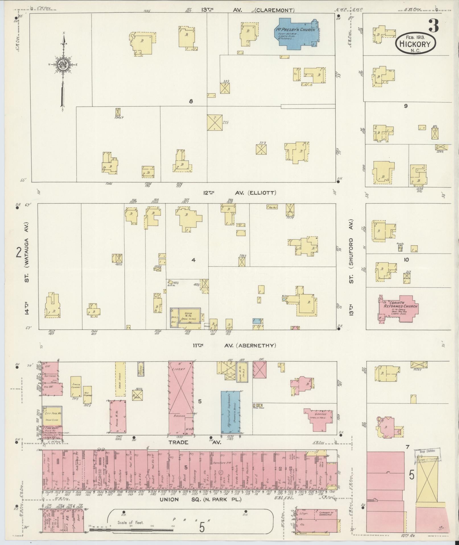 Sanborn Fire Insurance Map from Hickory, Catawba County, North Carolina (1913), Sheet #0003 - Complete Map Set gallery image, historic Sanborn map, vintage wall art, North Carolina North Carolina