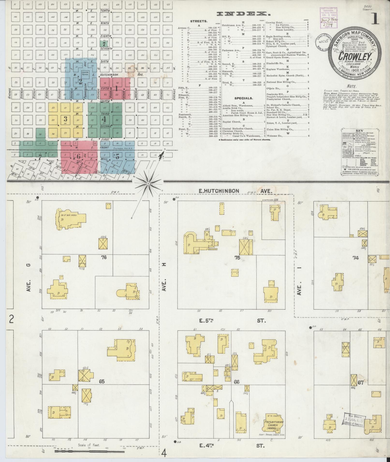 Sanborn Fire Insurance Map from Crowley, Acadia Parish, Louisiana (1902), Sheet #0001 - Historic Sanborn Fire Insurance Map Print, vintage old map wall art, antique decor, genealogy gift, Louisiana Louisiana map