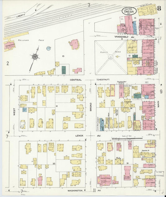 Sanborn Fire Insurance Map from Oneida, Madison County, New York (1909), Sheet #0008 - Historic Sanborn Fire Insurance Map Print, vintage old map wall art, antique decor, genealogy gift, New York New York map