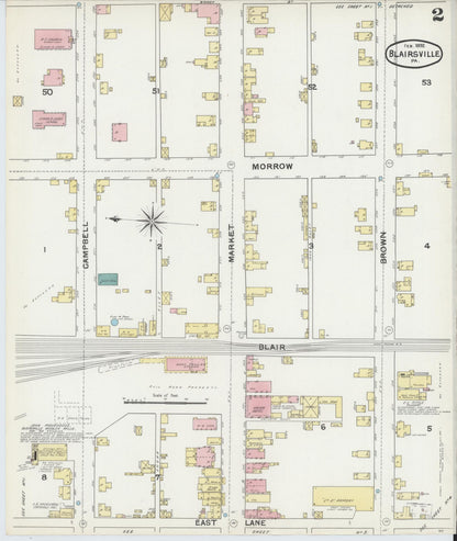 Sanborn Fire Insurance Map from Blairsville, Indiana County, Pennsylvania (1892), Sheet #0002 - Historic Sanborn Fire Insurance Map Print, vintage old map wall art, antique decor, genealogy gift, Blairsville Indiana map