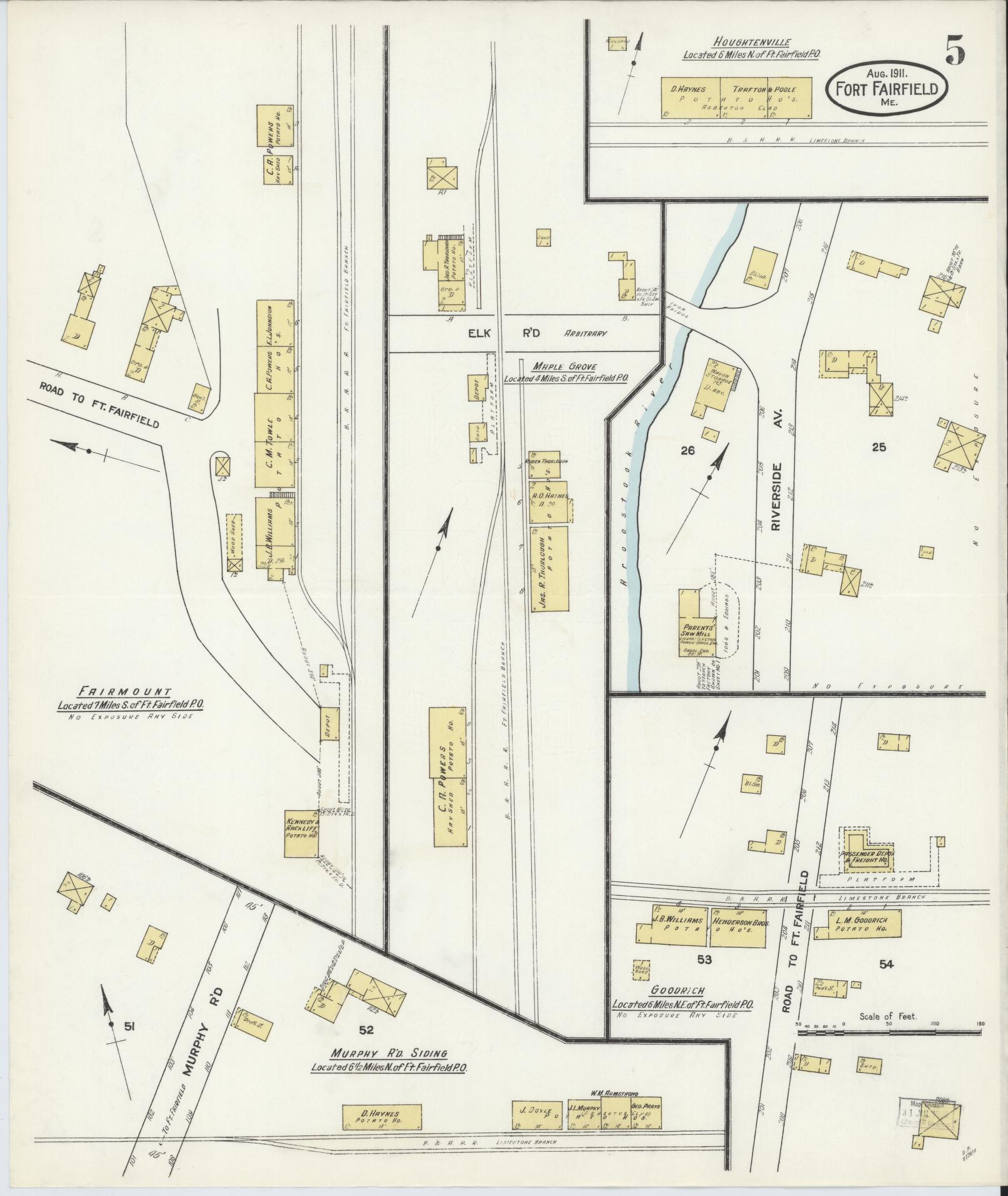 Sanborn Fire Insurance Map from Fort Fairfield, Aroostook County, Maine (1911), Sheet #0005 - Complete Map Set gallery image, historic Sanborn map, vintage wall art, Maine Maine
