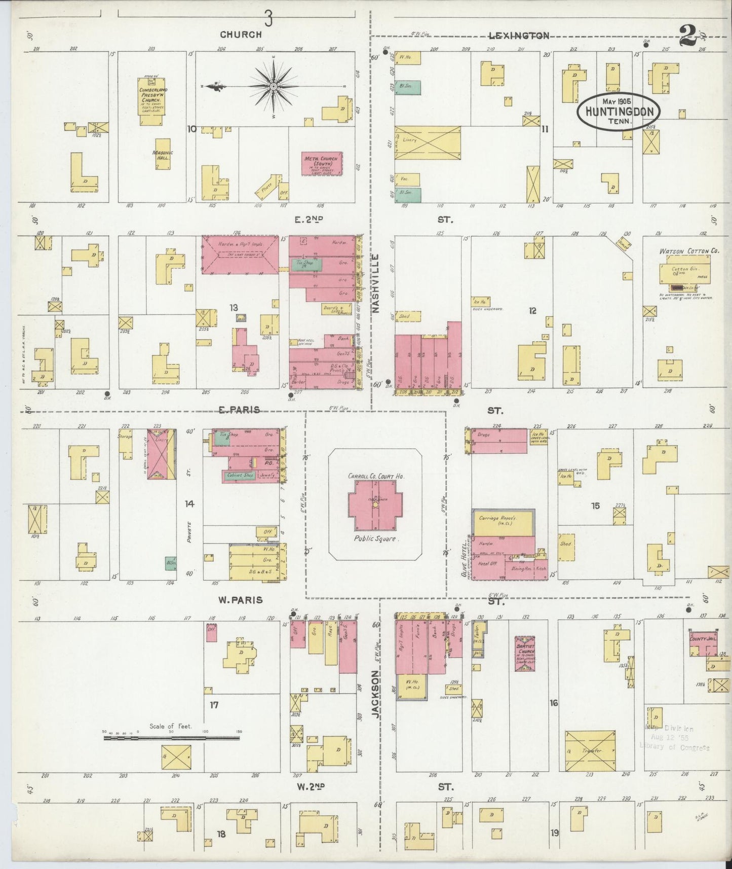 Sanborn Fire Insurance Map from Huntingdon, Carroll County, Tennessee (1905), Sheet #0002 - Complete Map Set gallery image, historic Sanborn map, vintage wall art, Tennessee Tennessee