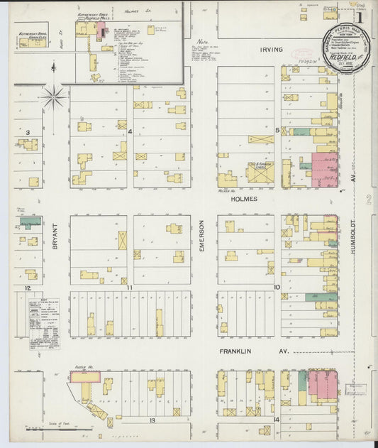 Sanborn Fire Insurance Map from Redfield, Spink County, South Dakota (1892), Sheet #0001 - Historic Sanborn Fire Insurance Map Print, vintage old map wall art, antique decor, genealogy gift, South Dakota South Dakota map