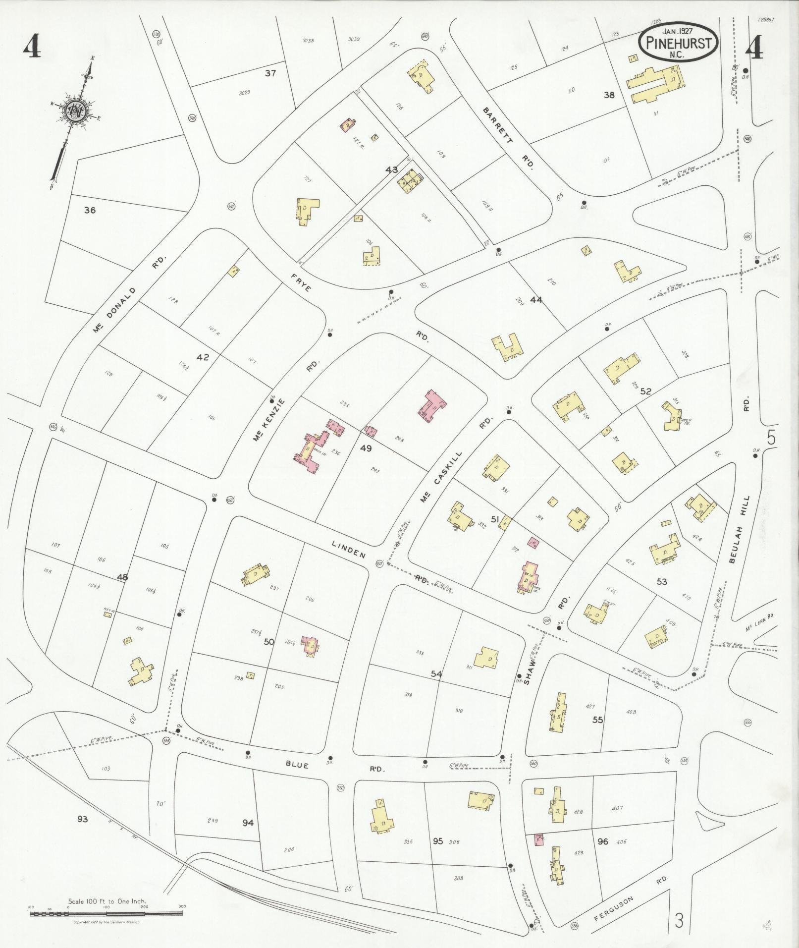 Sanborn Fire Insurance Map from Pinehurst, Moore County, North Carolina (1927), Sheet #0004 - Complete Map Set gallery image, historic Sanborn map, vintage wall art, North Carolina North Carolina